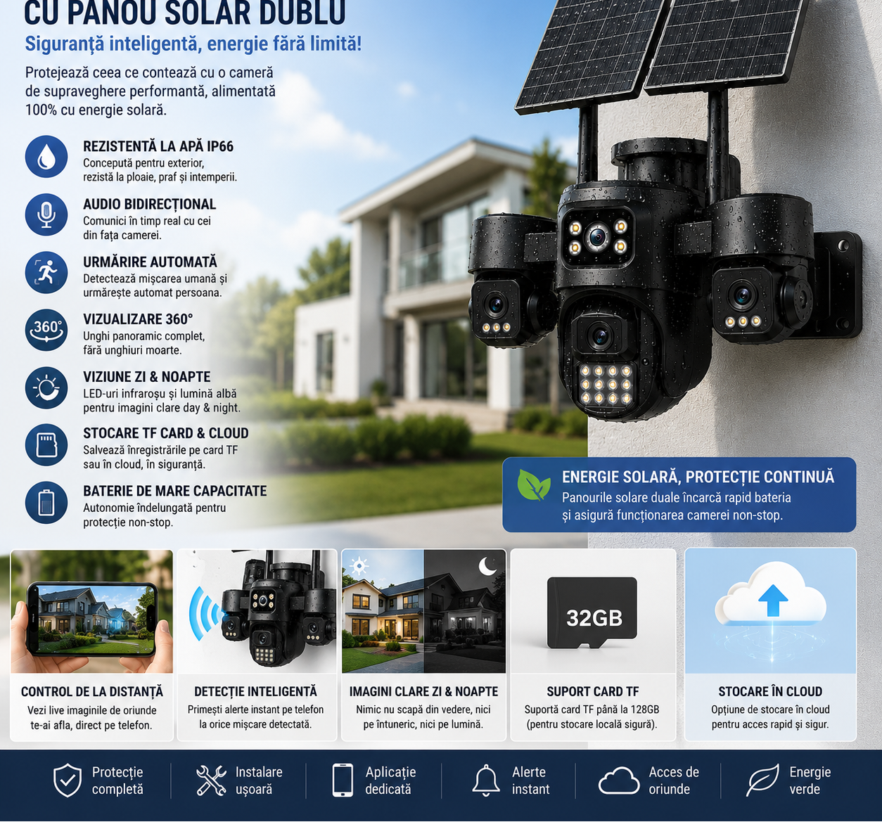 Camera Supraveghere 4G 12MP cu Panou Solar Dublu, 4 Camere 4MP, Human Tracking, Audio Bidirectional, IP66 Waterproof, TF Card & Cloud Storage, Control Telefon, Vedere 360°, Baterie Integrata Glorio
