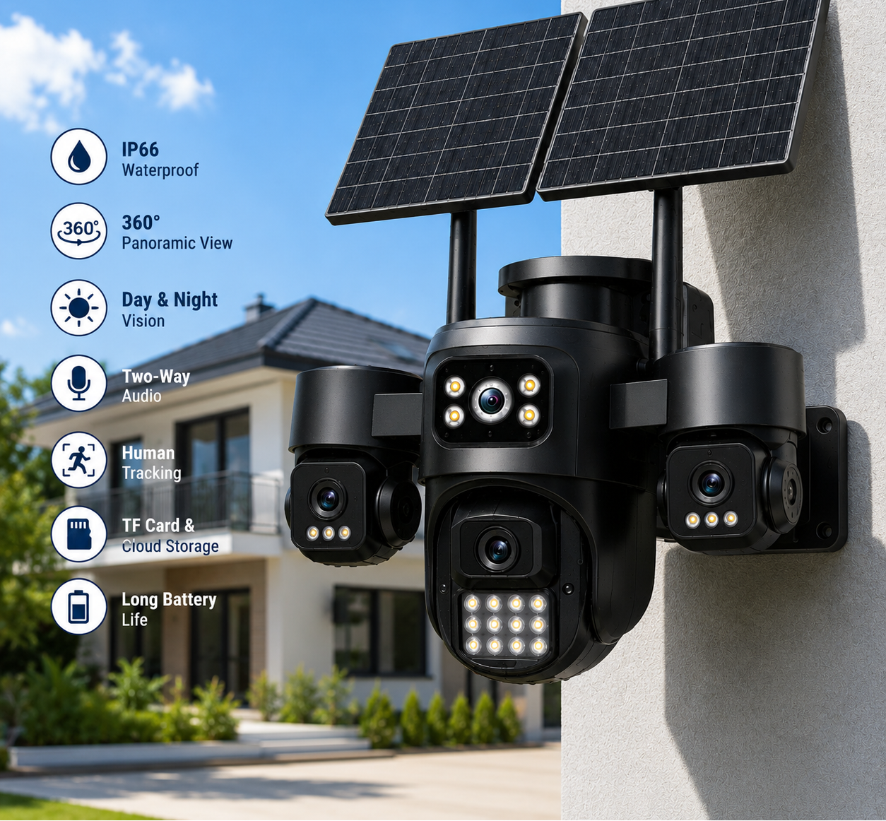 Camera Supraveghere 4G 12MP cu Panou Solar Dublu, 4 Camere 4MP, Human Tracking, Audio Bidirectional, IP66 Waterproof, TF Card & Cloud Storage, Control Telefon, Vedere 360°, Baterie Integrata Glorio