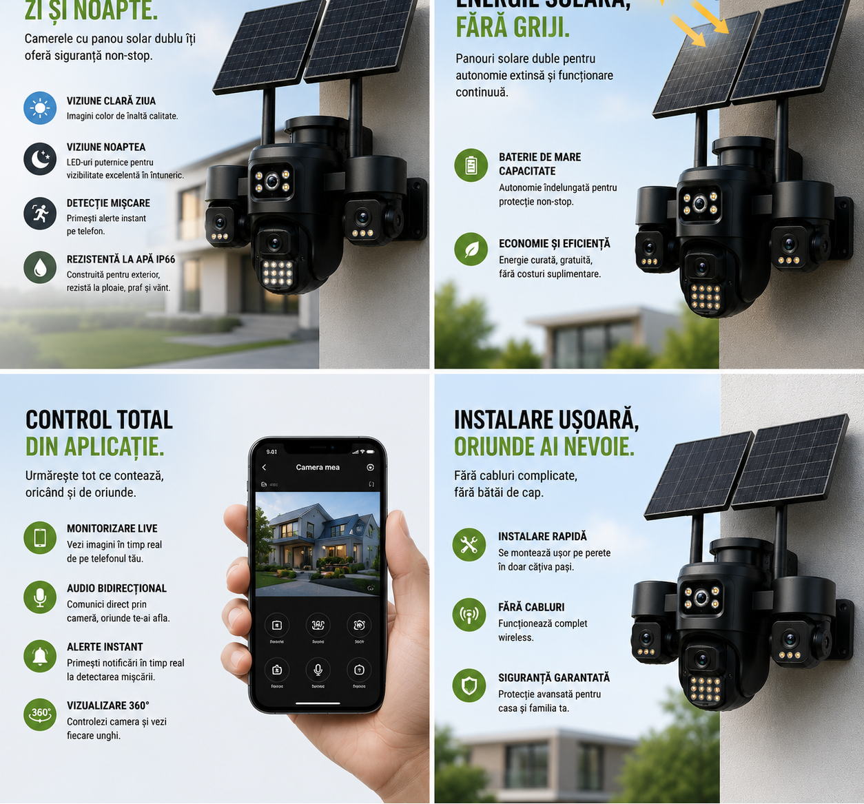Camera Supraveghere 4G 12MP cu Panou Solar Dublu, 4 Camere 4MP, Human Tracking, Audio Bidirectional, IP66 Waterproof, TF Card & Cloud Storage, Control Telefon, Vedere 360°, Baterie Integrata Glorio