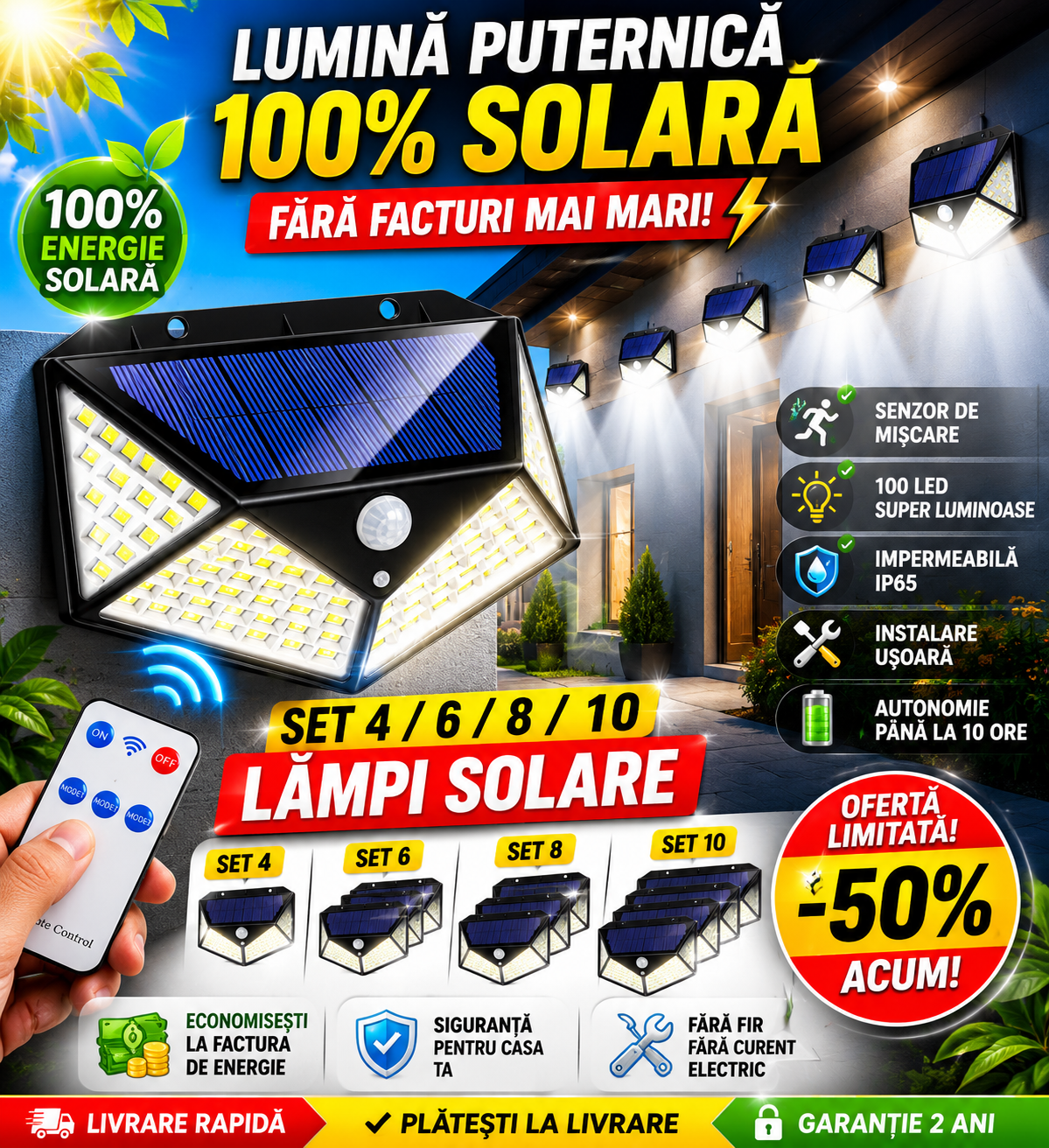Set 4 / 6 / 8 / 10 Lămpi Solare cu 100 LED și Senzor de Mișcare