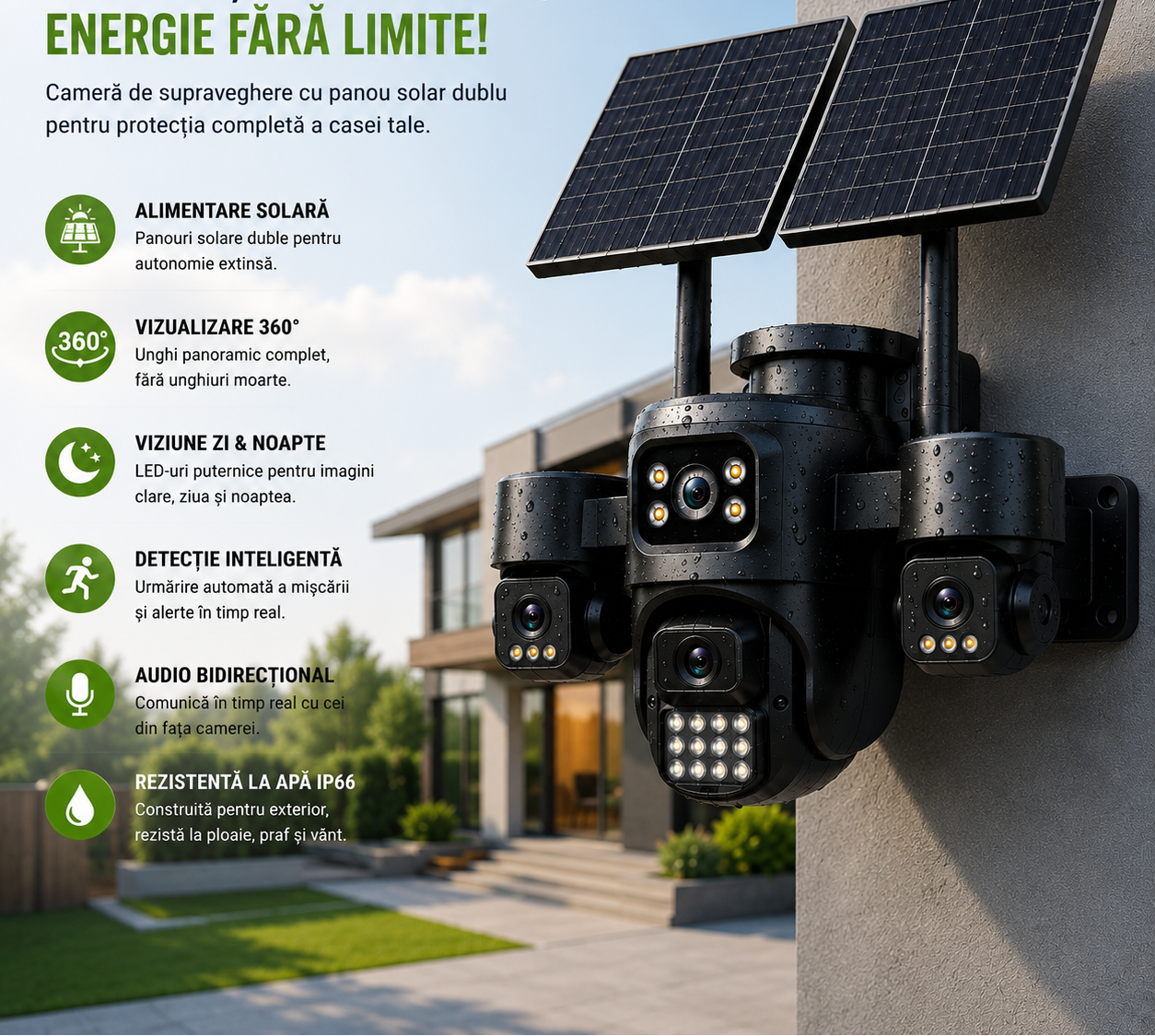 Camera Supraveghere 4G 12MP cu Panou Solar Dublu, 4 Camere 4MP, Human Tracking, Audio Bidirectional, IP66 Waterproof, TF Card & Cloud Storage, Control Telefon, Vedere 360°, Baterie Integrata Glorio
