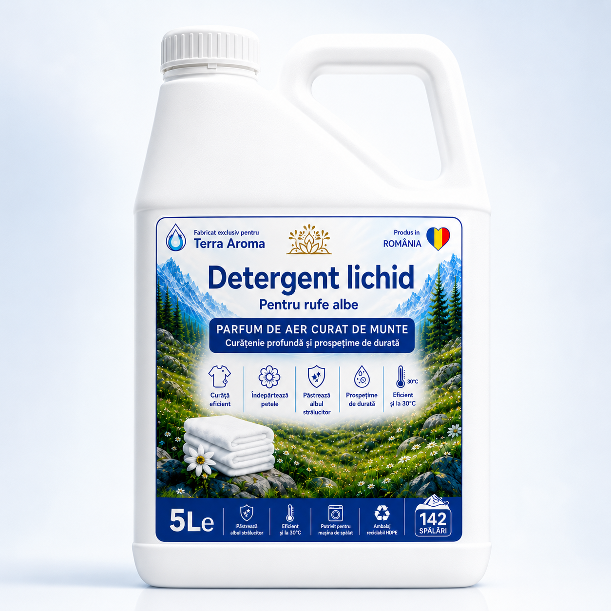 Detergent Lichid Rufe Terra Aroma - Alb Alpin - Parfum Aer Curat de Munte -  5L cu 142 spalari Glorio