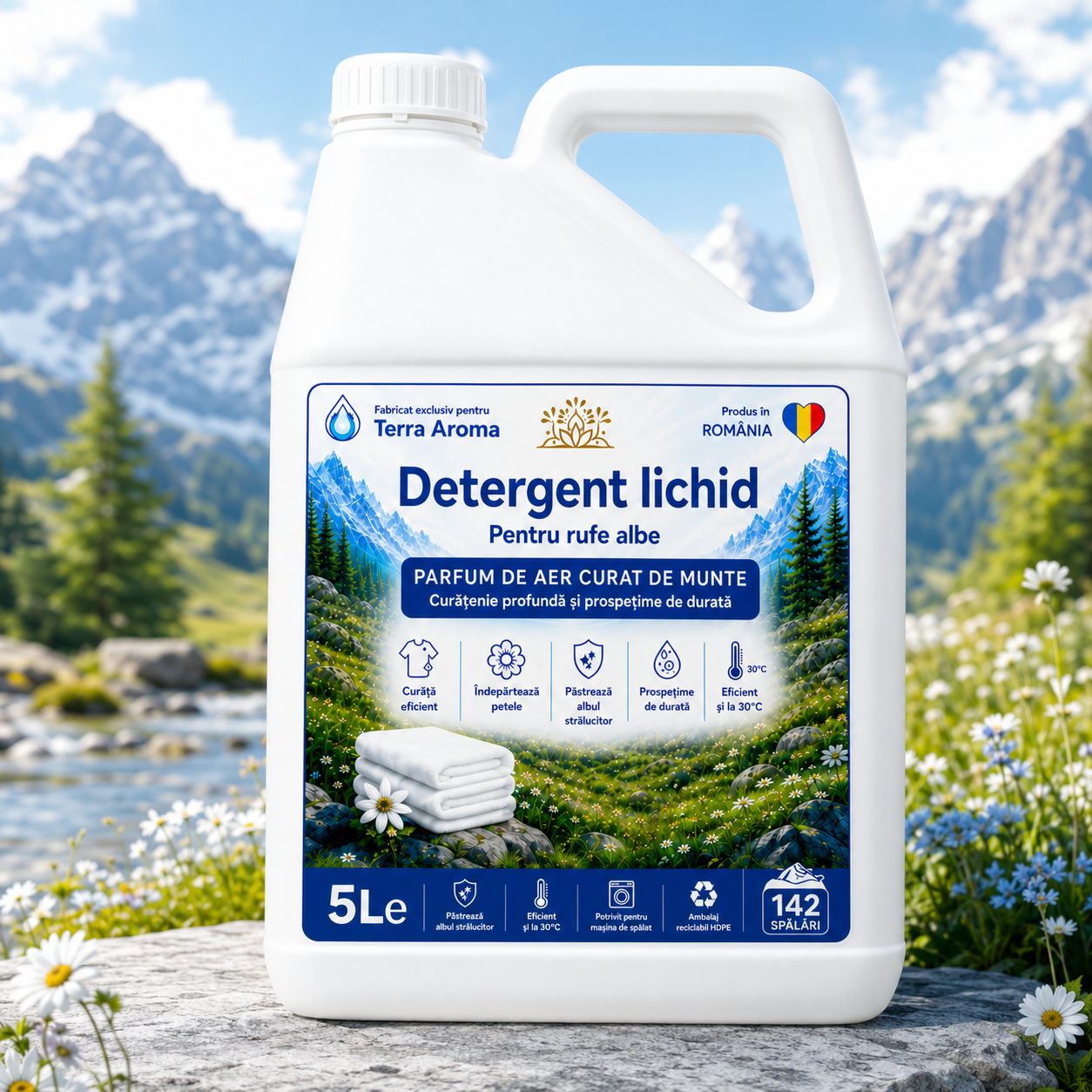 Detergent Lichid Rufe Terra Aroma - Alb Alpin - Parfum Aer Curat de Munte -  5L cu 142 spalari Glorio