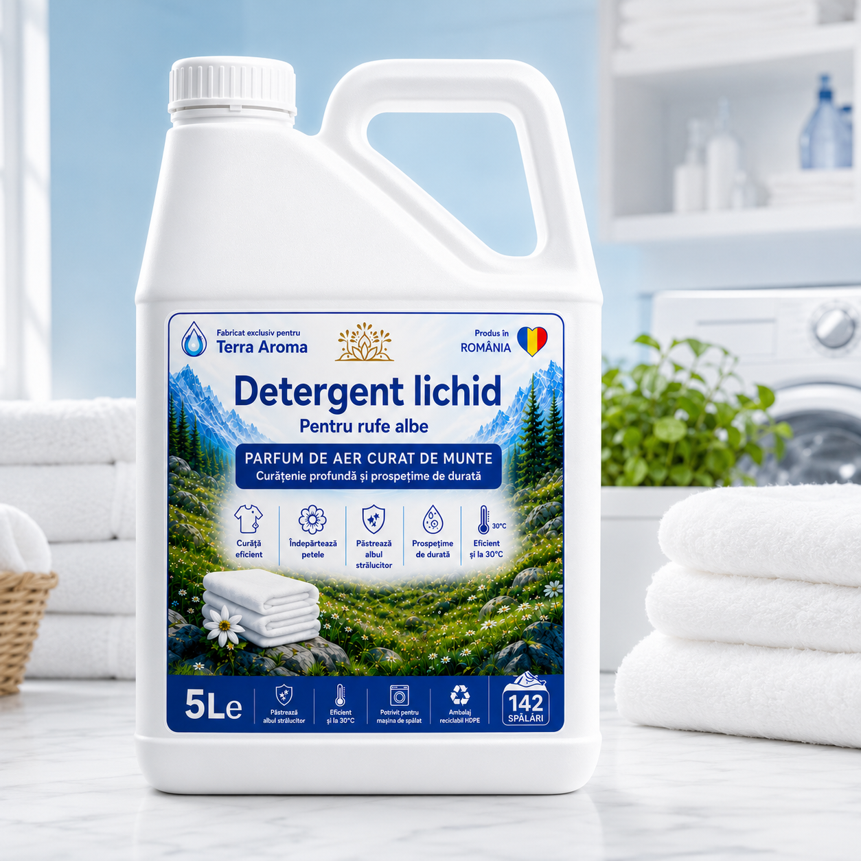 Detergent Lichid Rufe Terra Aroma - Alb Alpin - Parfum Aer Curat de Munte -  5L cu 142 spalari Glorio