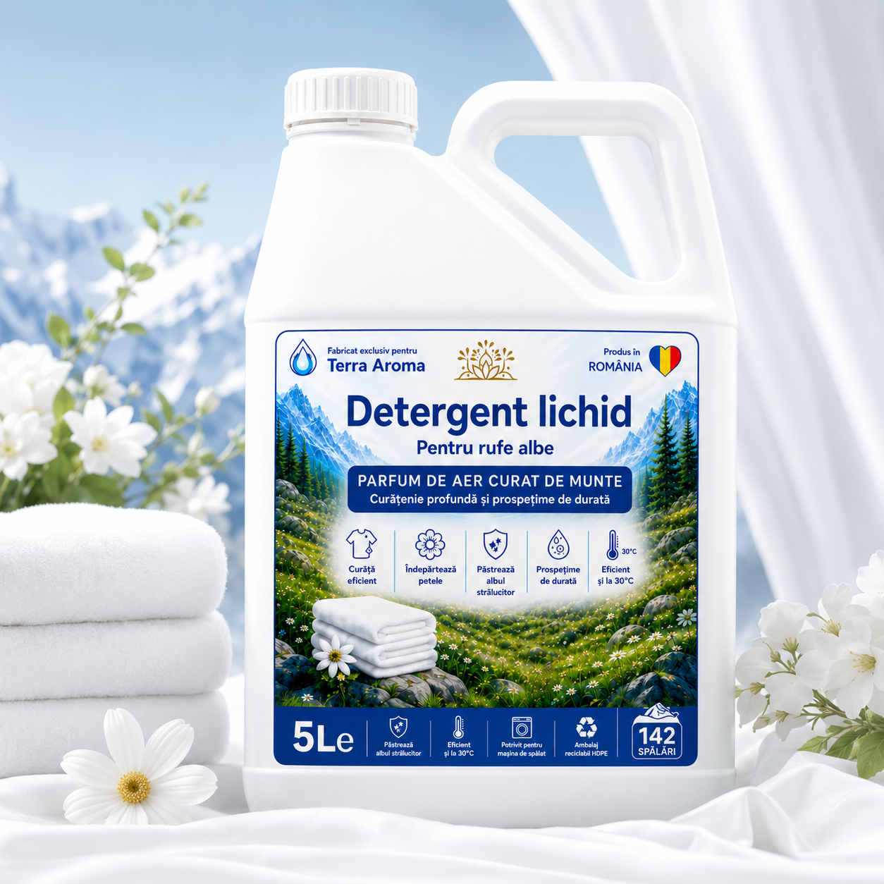 Detergent Lichid Rufe Terra Aroma - Alb Alpin - Parfum Aer Curat de Munte -  5L cu 142 spalari Glorio
