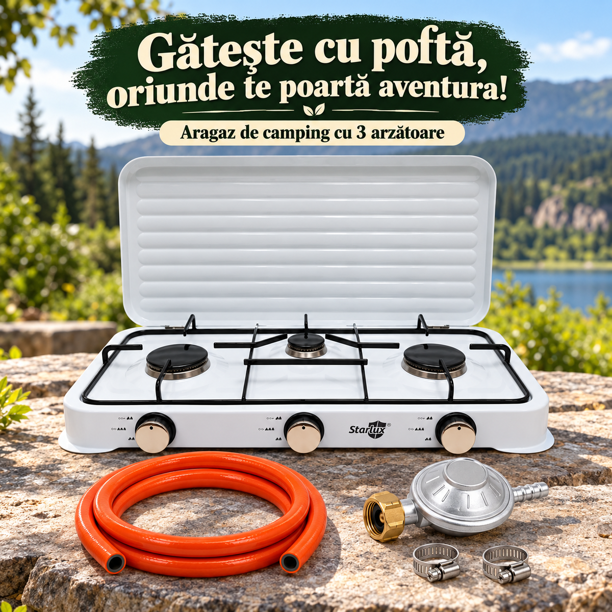SET COMPLET!! Aragaz plita cu 3 ochiuri Starlux, 34x60 cm, alimentare la butelie, alb + ceas si furtun Glorio