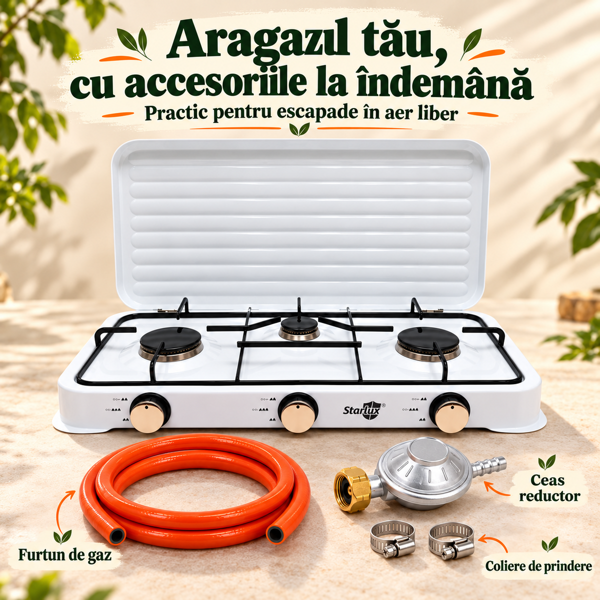 SET COMPLET!! Aragaz plita cu 3 ochiuri Starlux, 34x60 cm, alimentare la butelie, alb + ceas si furtun Glorio