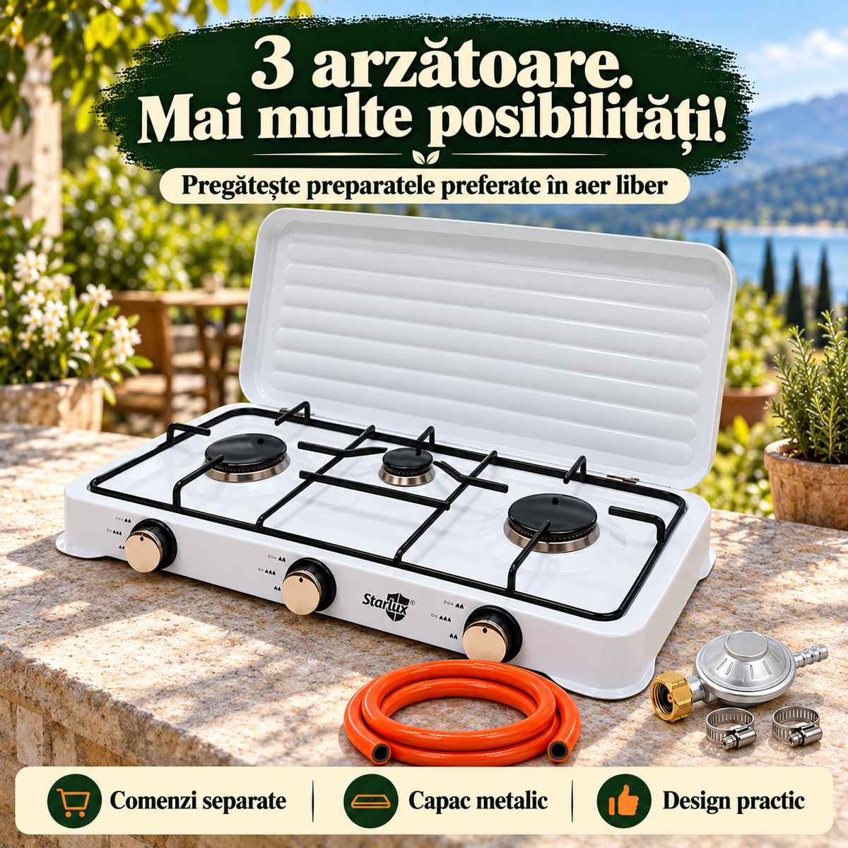 SET COMPLET!! Aragaz plita cu 3 ochiuri Starlux, 34x60 cm, alimentare la butelie, alb + ceas si furtun Glorio