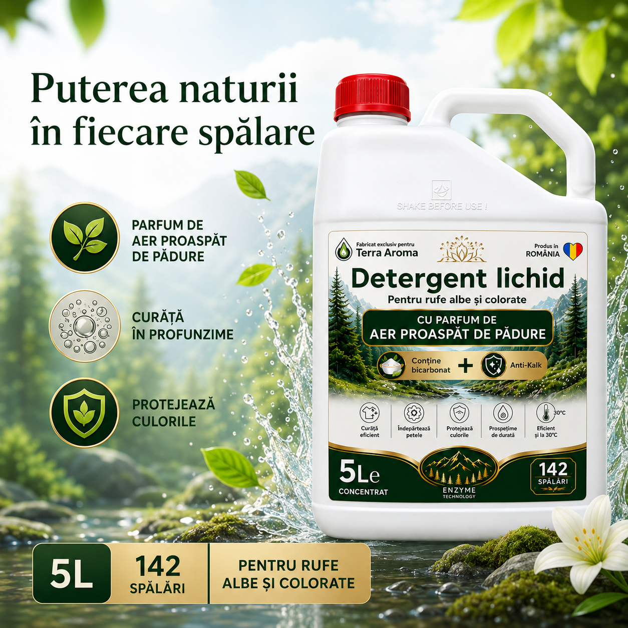 Detergent Lichid Terra Aroma – Parfum de Aer Proaspat de Pădure - 5L cu 142 spalari Glorio