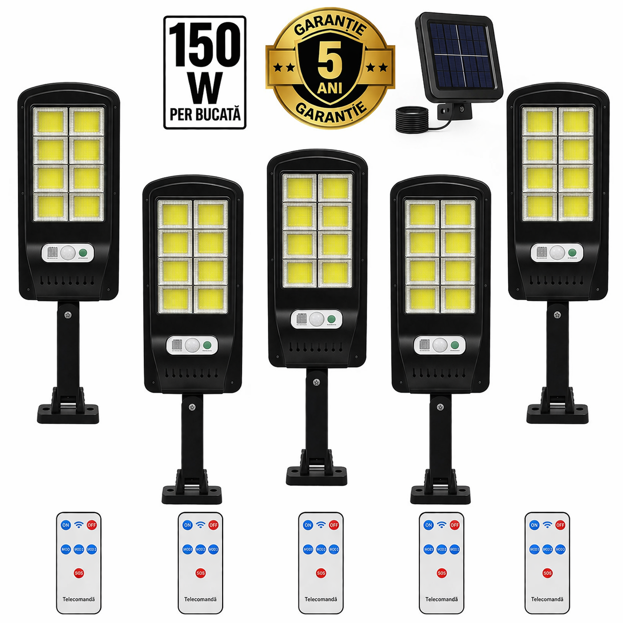 Set 5 Lampi LED Solare 150W COB 180 LED-uri cu Senzor de Mișcare, Autonomie 12-14 ore, IP65 Glorio