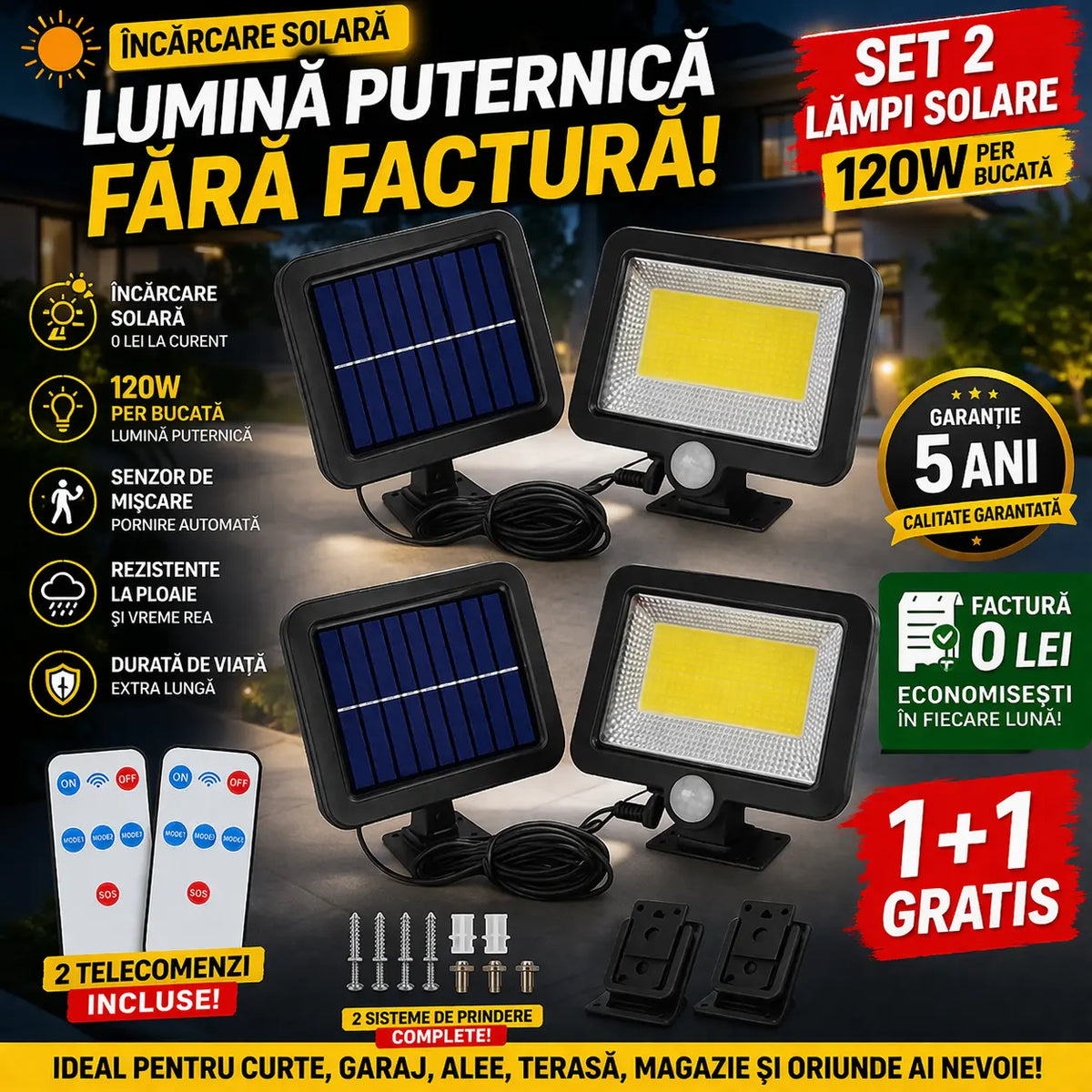 Set 2 Lampi Solare Cu Panou Separat 120W Lumina Puternica, 100 LED COB, Cu Senzor De Miscare si Telecomanda, 1+1 CADOU Glorio.ro