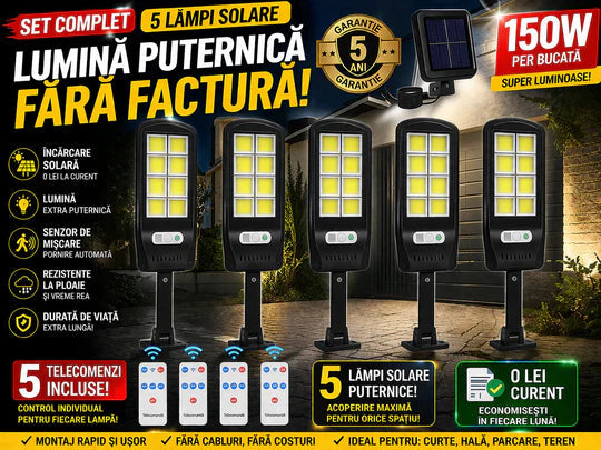 Set 4 / 5  Lampi LED Solare 150W COB 160 LED-uri cu Senzor de Mișcare, Autonomie 12-14 ore, IP65 Glorio