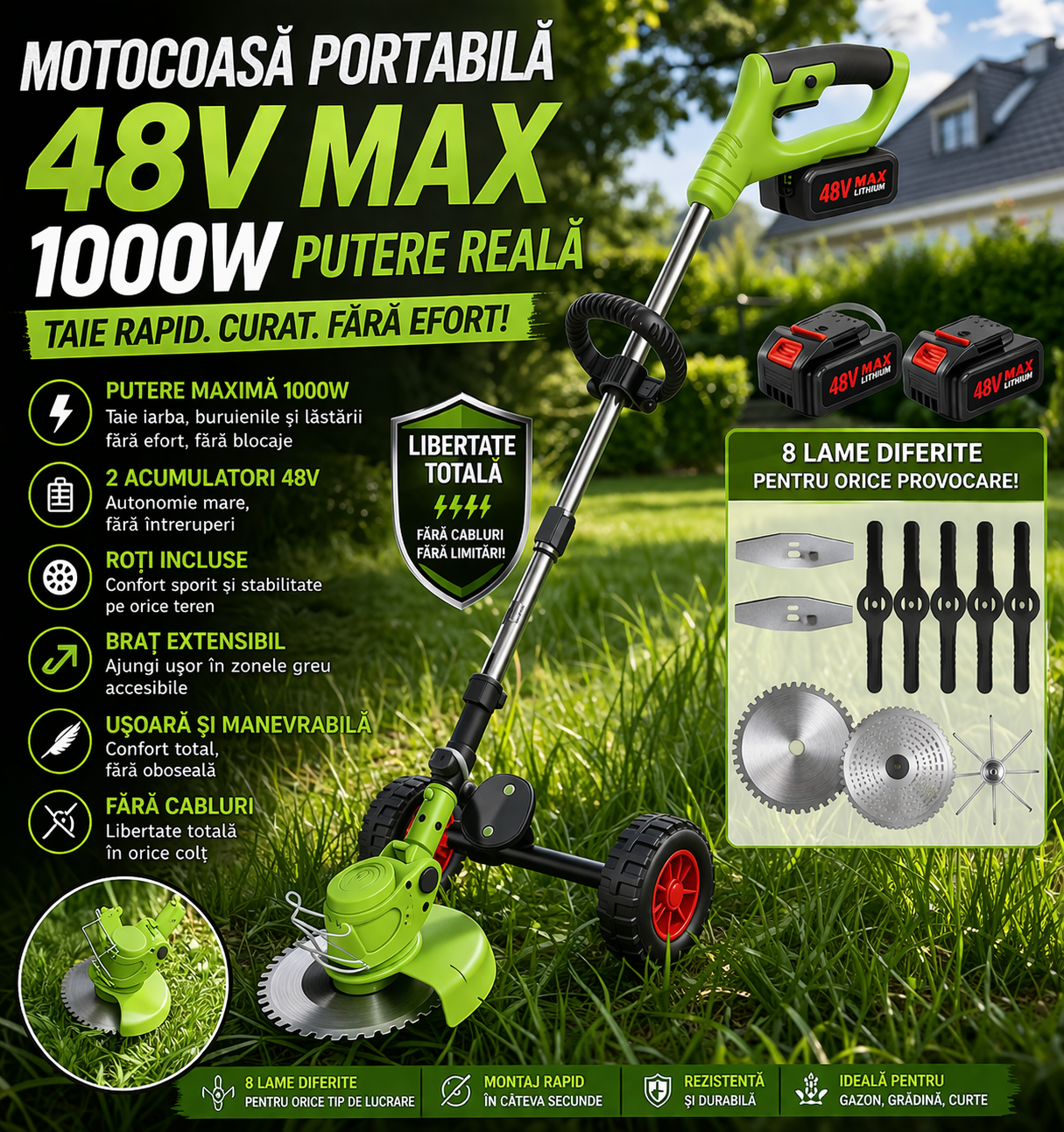 Motocoasa Portabila Cu Acumulator de 48V, Putere 1000W, Cu Brat Extensibil, Pentru Gazon, 8 Lame Diferite Doimeseriasi.ro