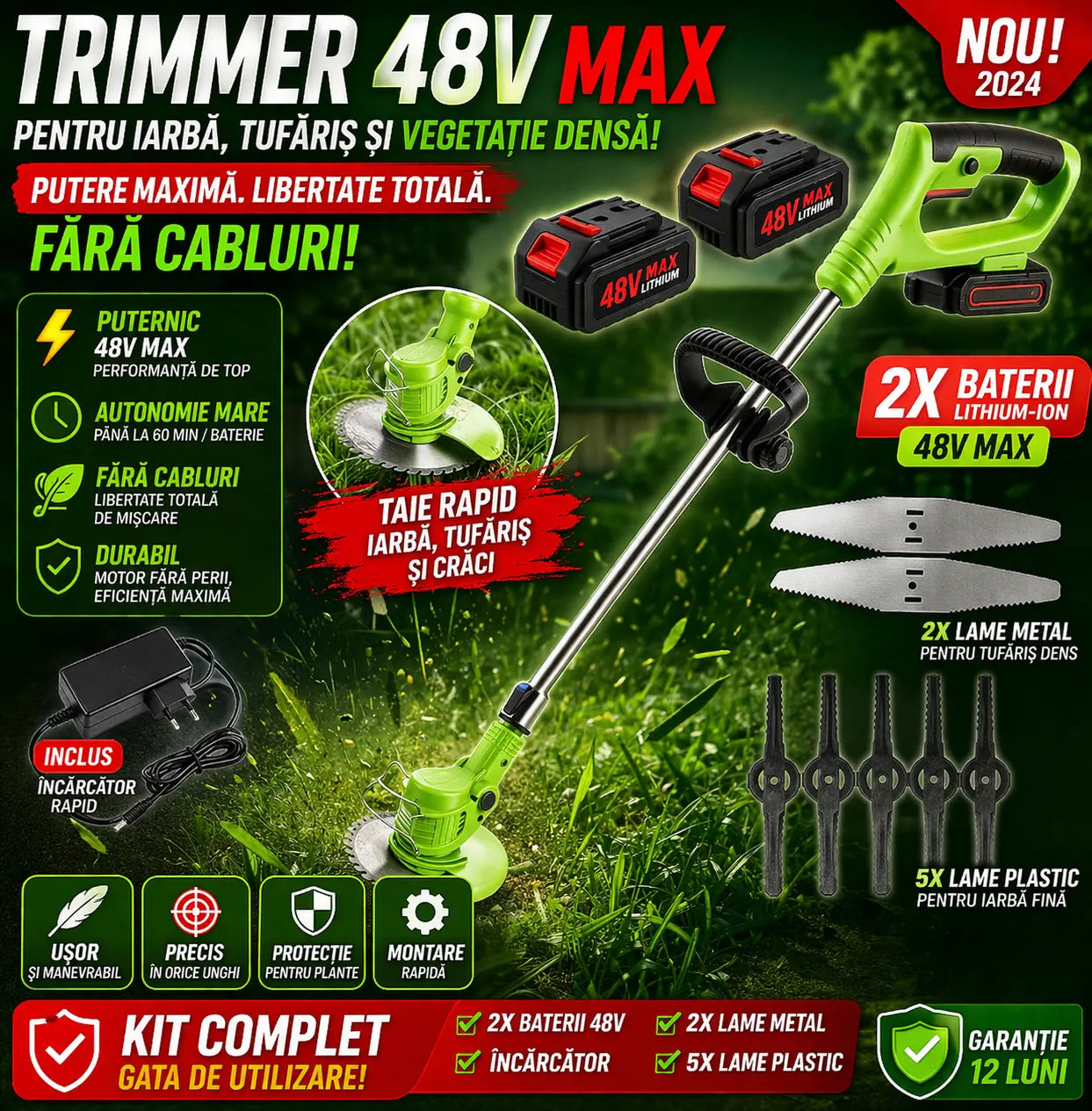 Motocoasa Portabila Cu Acumulator de 48V, Putere 1000W, Cu Brat Extensibil, Pentru Gazon, 8 Accesorii Doimeseriasi.ro