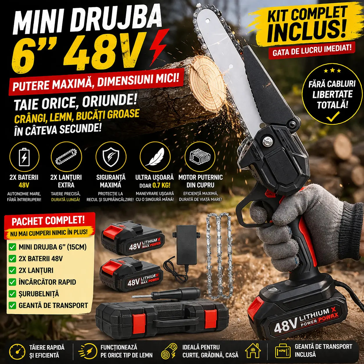 Drujba Electrica 6 inch(15cm) + 2 x Baterii 48V + Lama + 2 x Lant + Incarcator+ Geanta de transport Neamtul.ro