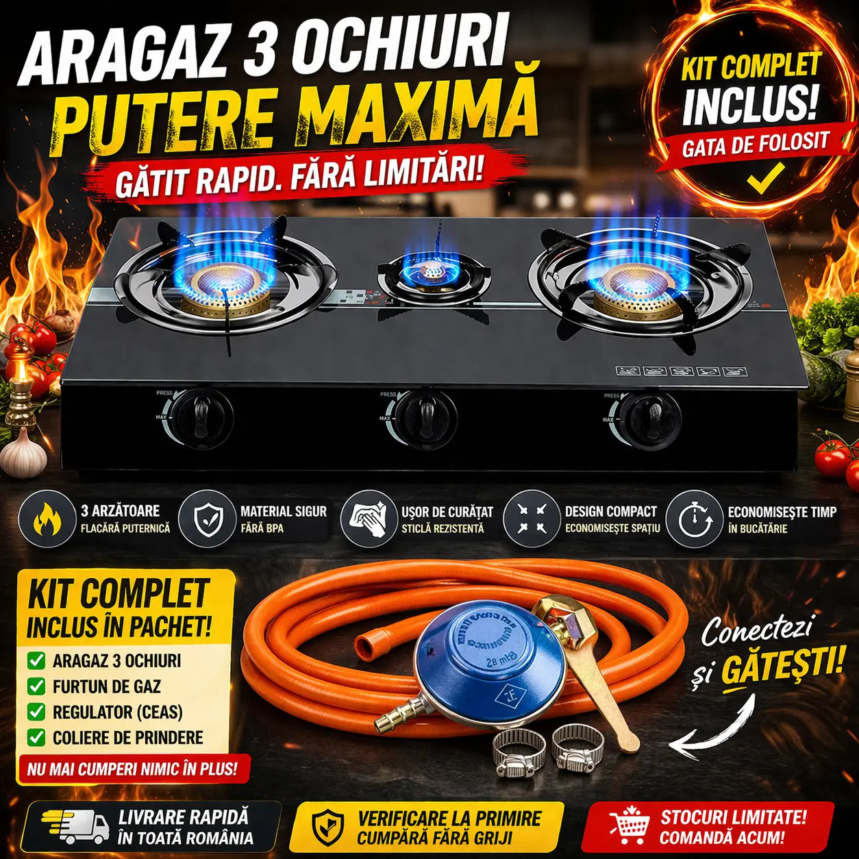 Aragaz Plita Sticla 3 Ochiuri + furtun si ceas GPL Glorio