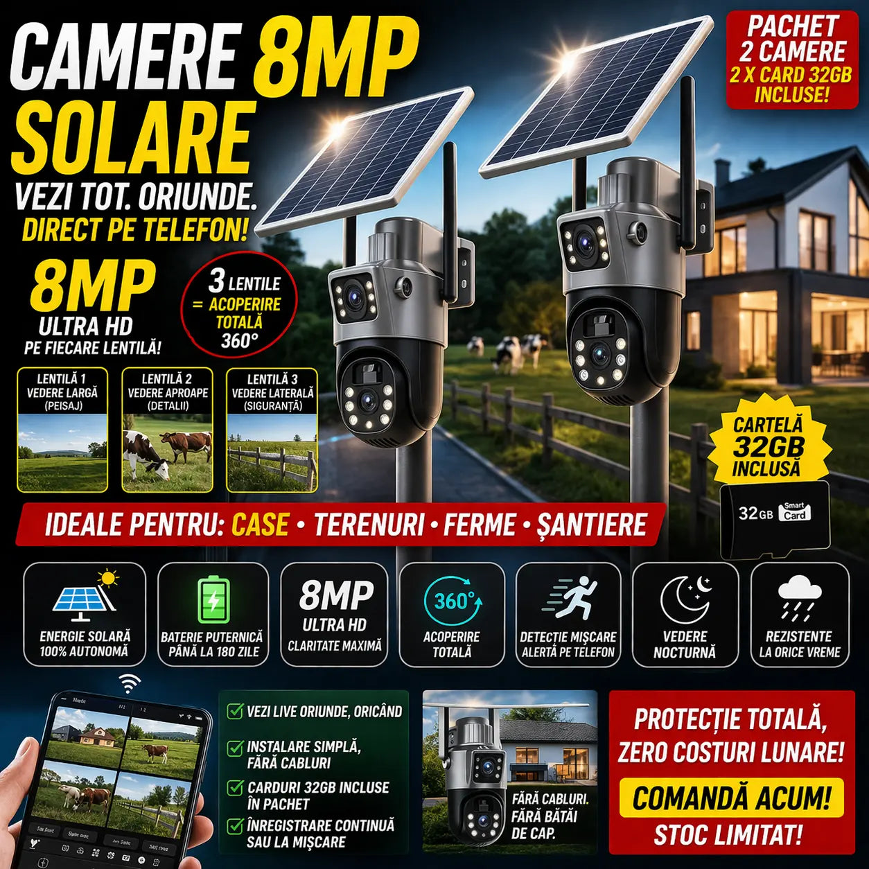 SET 2x Camere Duble 8MP - cu Slot SIM 4G si Panou Solar, Viziune Nocturna, IP66 + 2x Card 64 GB Glorio
