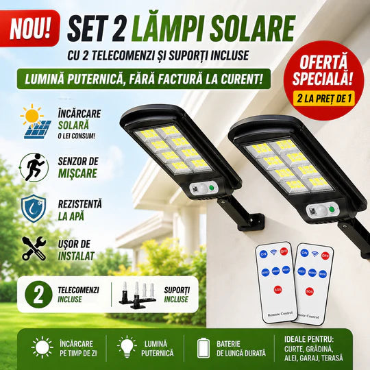 Set 5 Lampi LED Solare 150W COB 180 LED-uri cu Senzor de Mișcare, Autonomie 12-14 ore, IP65 Glorio