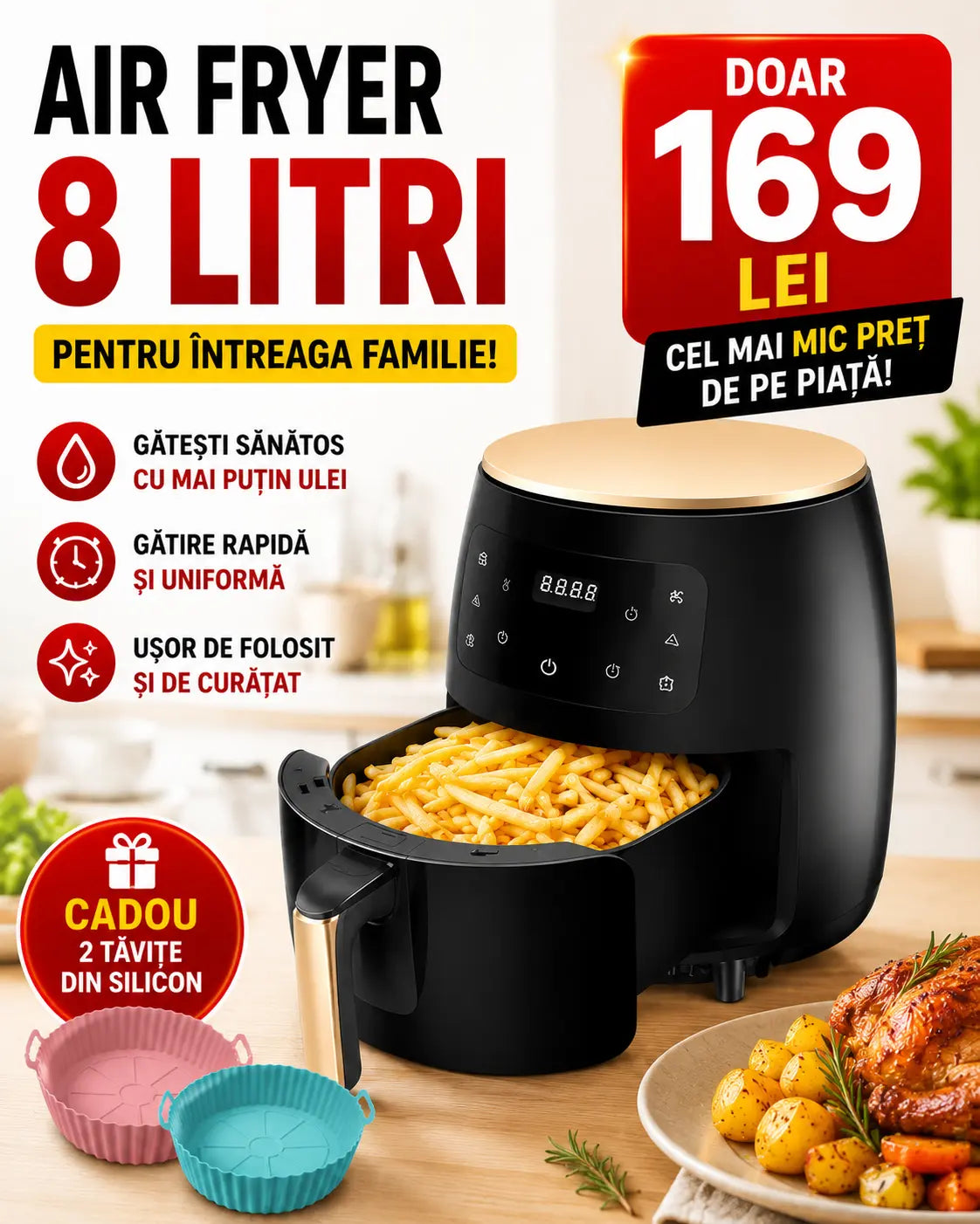 Airfrier Putere 2400 W 8 sau 10 LITRI Friteuza Profesionala Cu Aer Cald, Functie de Coacere, Doimeseriasi.ro