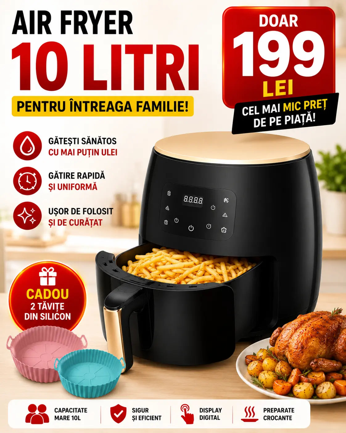 Airfrier Putere 2400 W 8 sau 10 LITRI Friteuza Profesionala Cu Aer Cald, Functie de Coacere, Doimeseriasi.ro