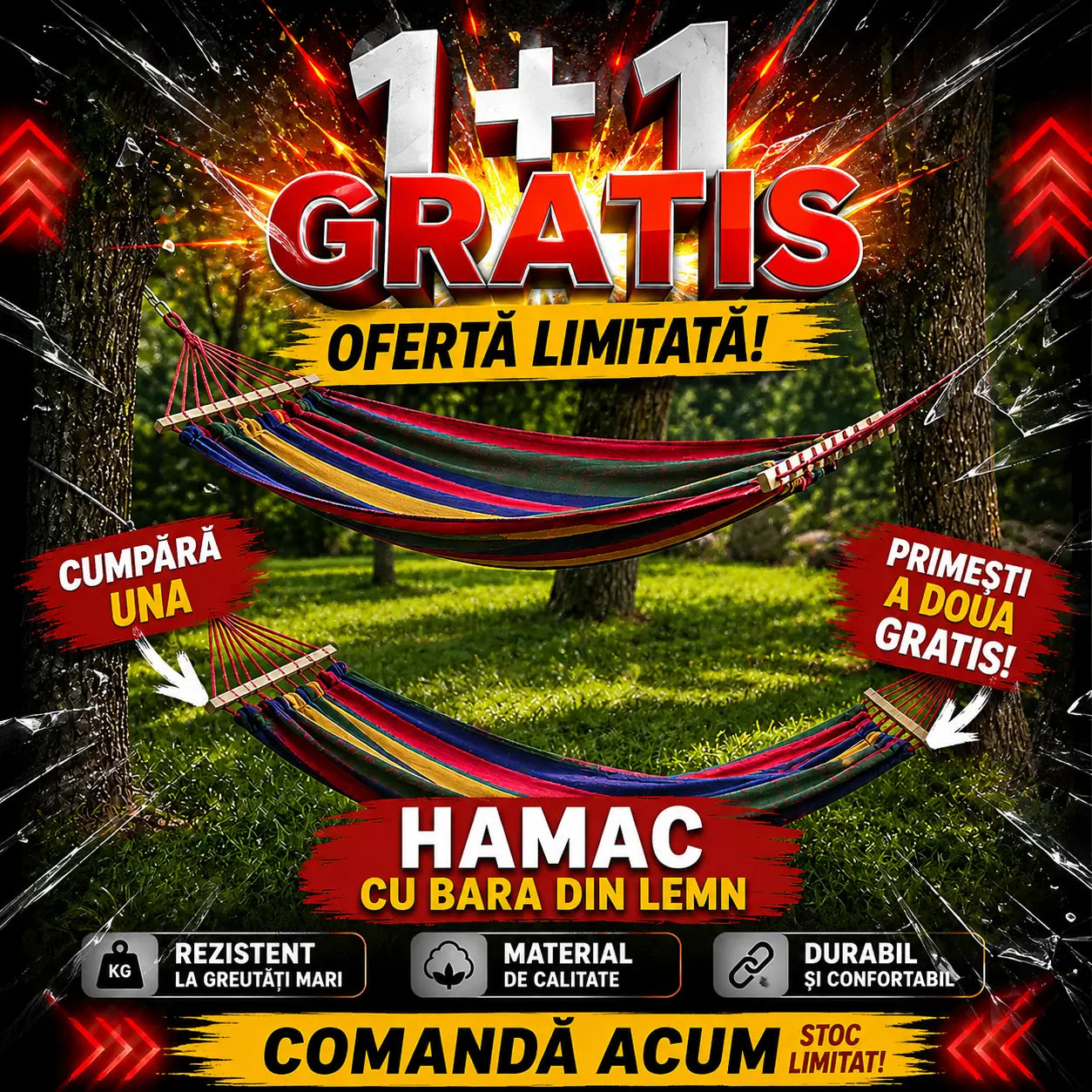 1+1 GRATIS: Hamac Cu Bara Din Lemn 210x80 cm Glorio