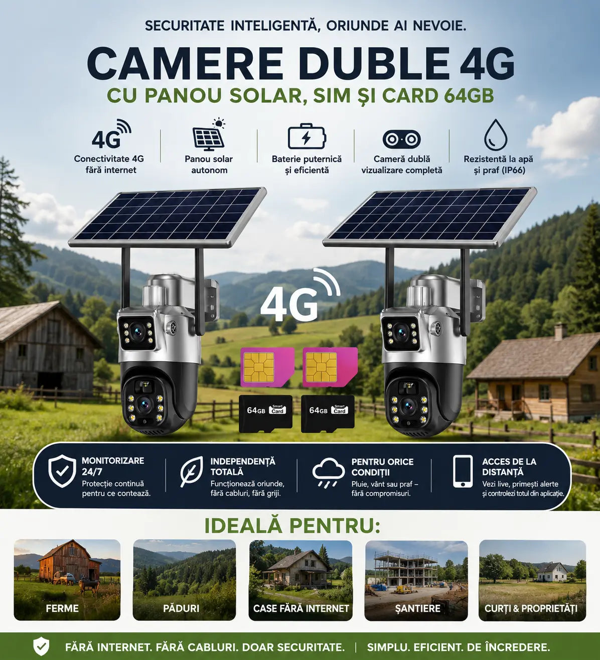 Pachet Single sau Dublă Protecție: Set 2 Camere Supraveghere GLORIO – Wi-Fi, 4K Ultra HD + 2 CARDURI 64GB CADOU Glorio.ro