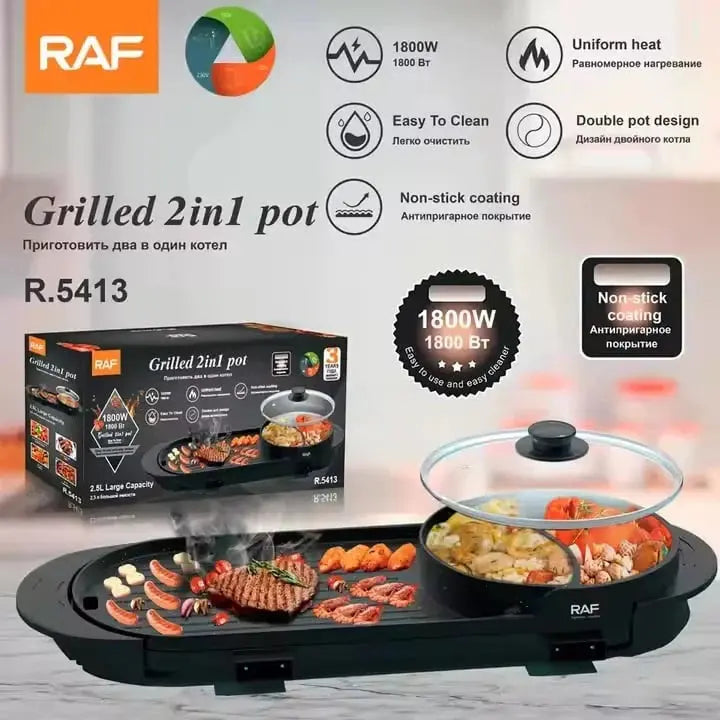 Plită Electrică 2în1 RAF R5413 1800 W, 2.5 L capacitate, cu capac, 160℃-220℃, 70x25x10 cm Glorio