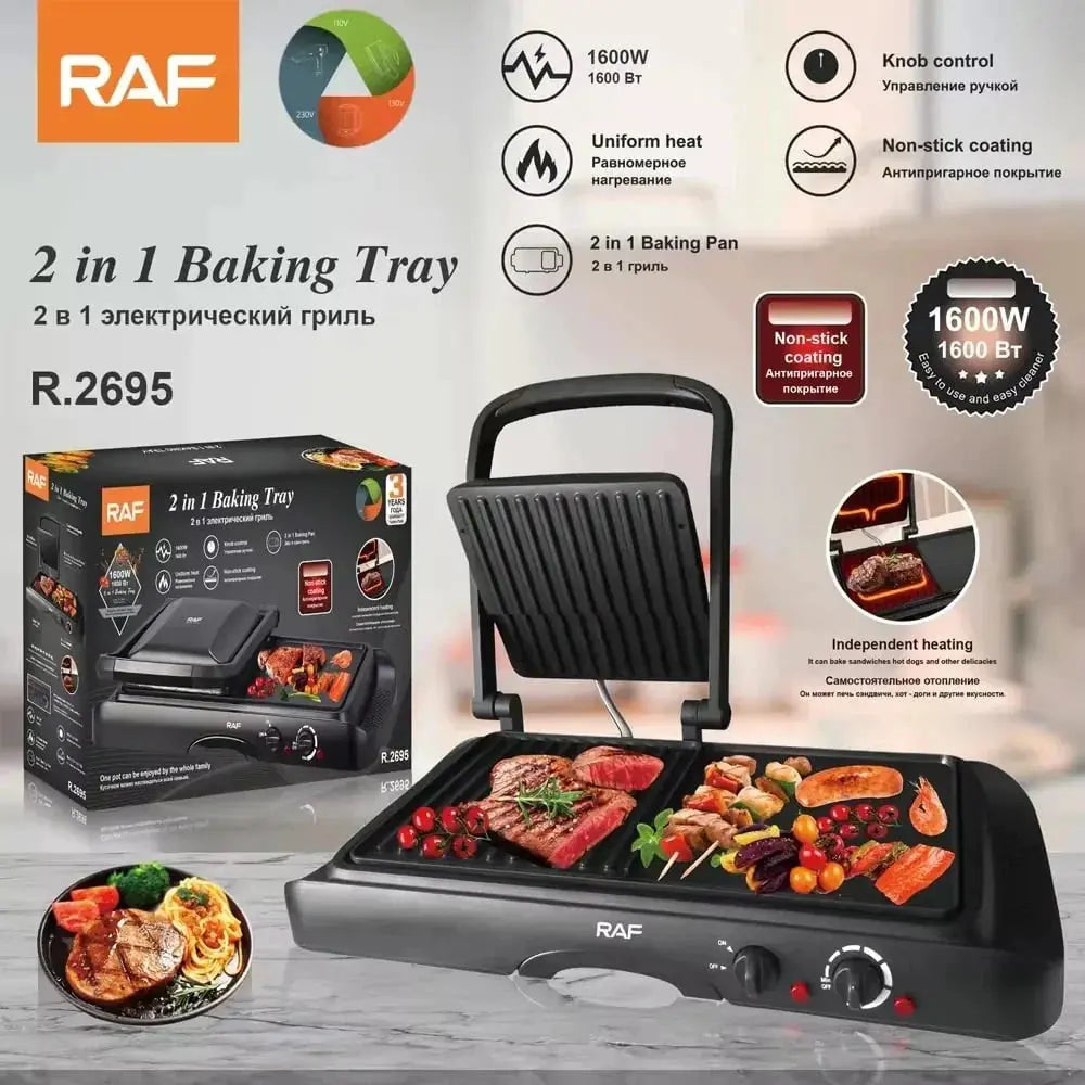 Grill Electric 2 în 1, RAF R2695, 1600W, Grill și Dublu Grill, Material Antiaderent, 49x22x36 cm Glorio