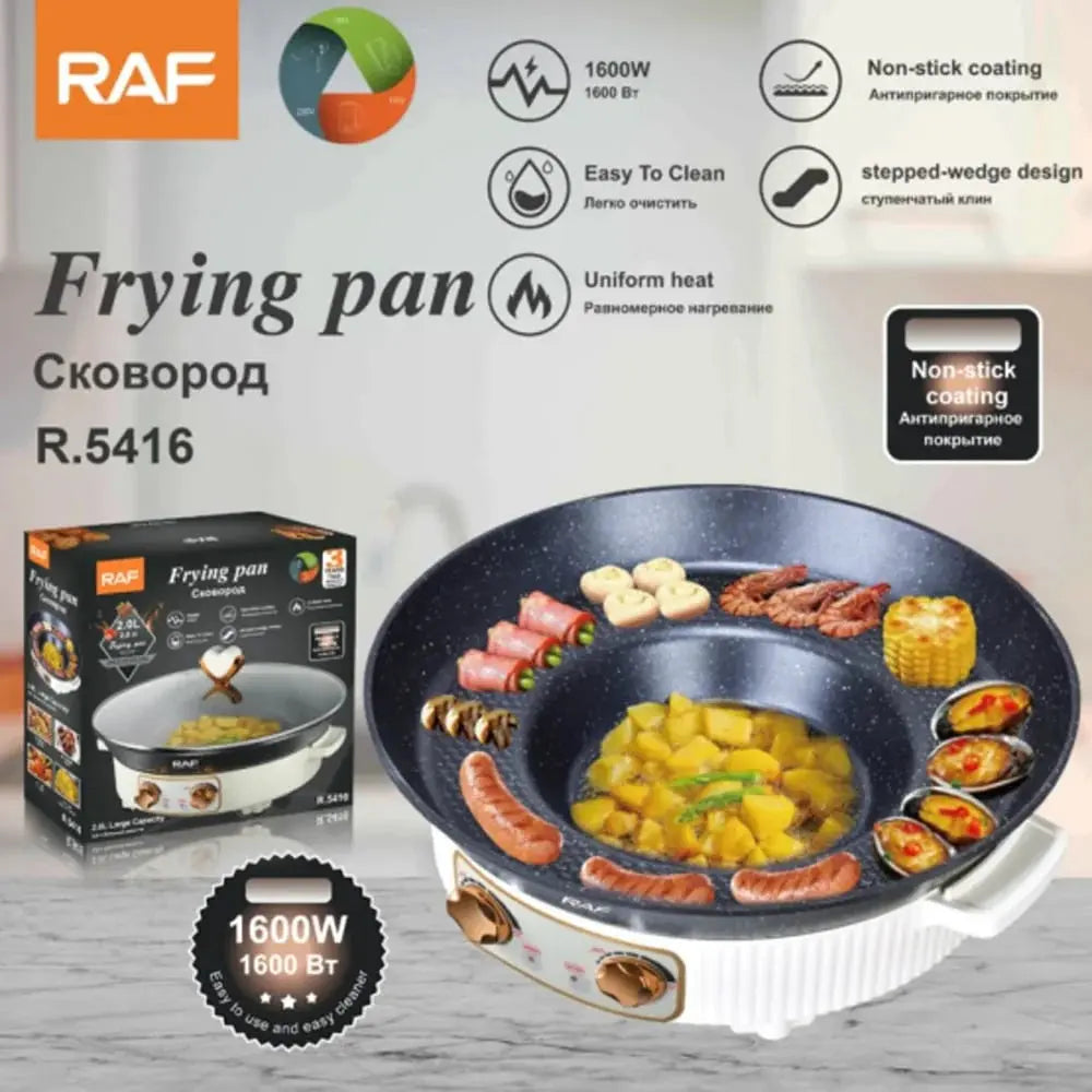 Tigaie electrică 2 în 1, RAF R5416, 1600W, 2L, cu capac și suprafață de prăjire/fierbere Glorio