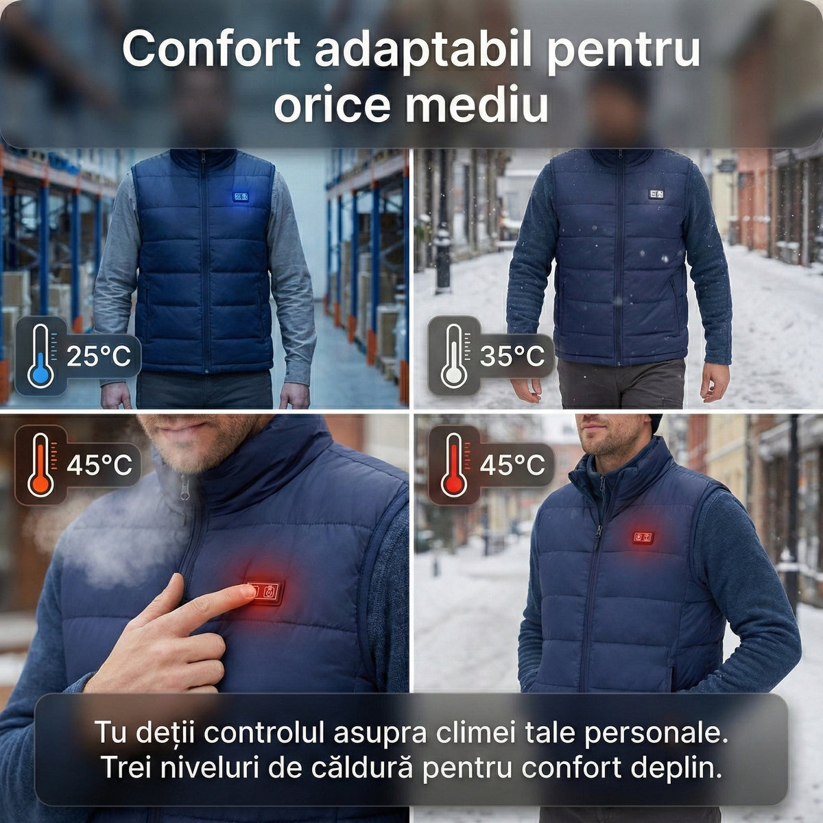 Vesta Incalzita, Unisex, 9 Zone de Incalzire, Umplutura Bumbac, 3 Trepte de Temperatura, Incarcare USB, Negru, 65 – 80 kg, Glorio