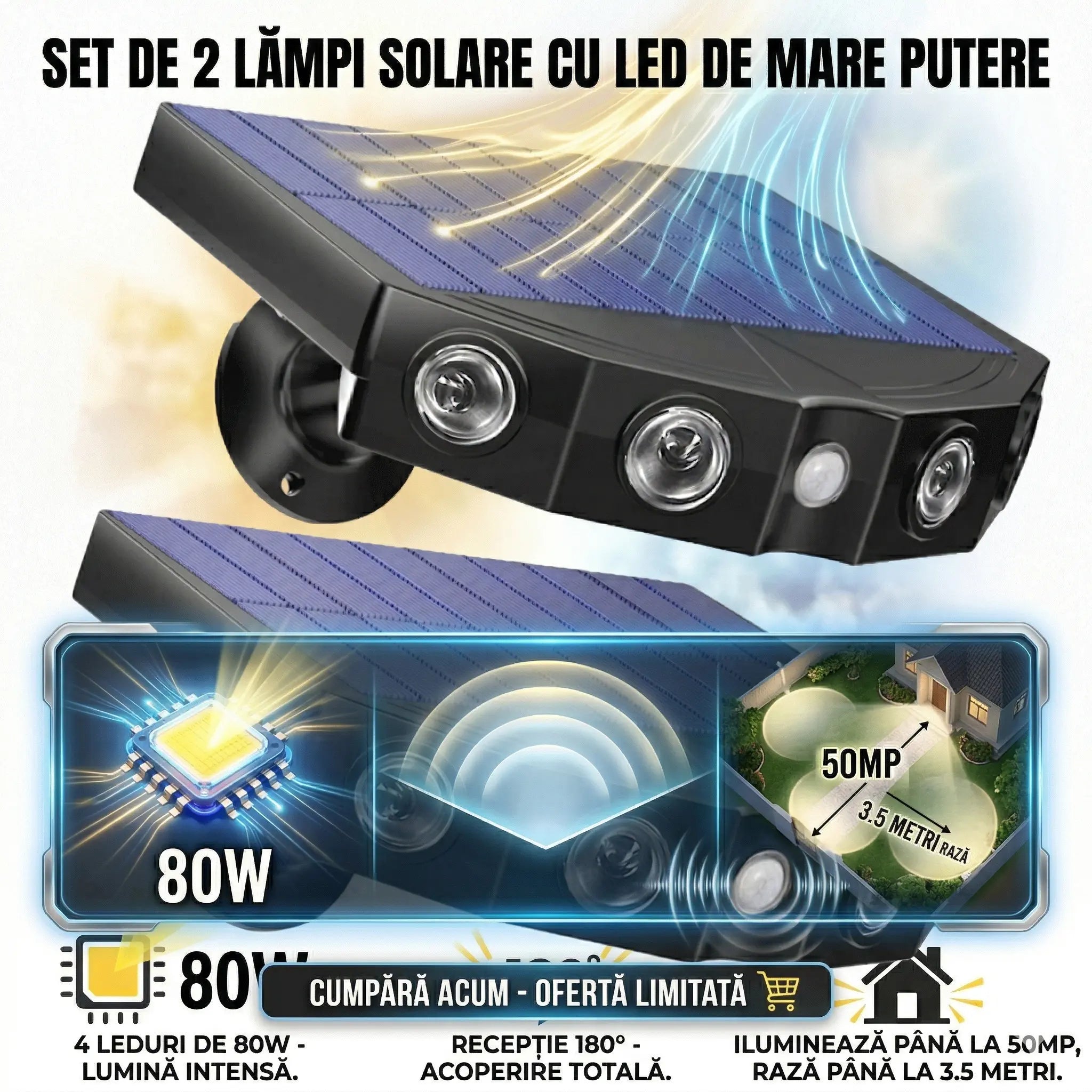 Set 2 Lampi Solare Ultra-Puternice – Securitate si Lumina la 180° Glorio.ro