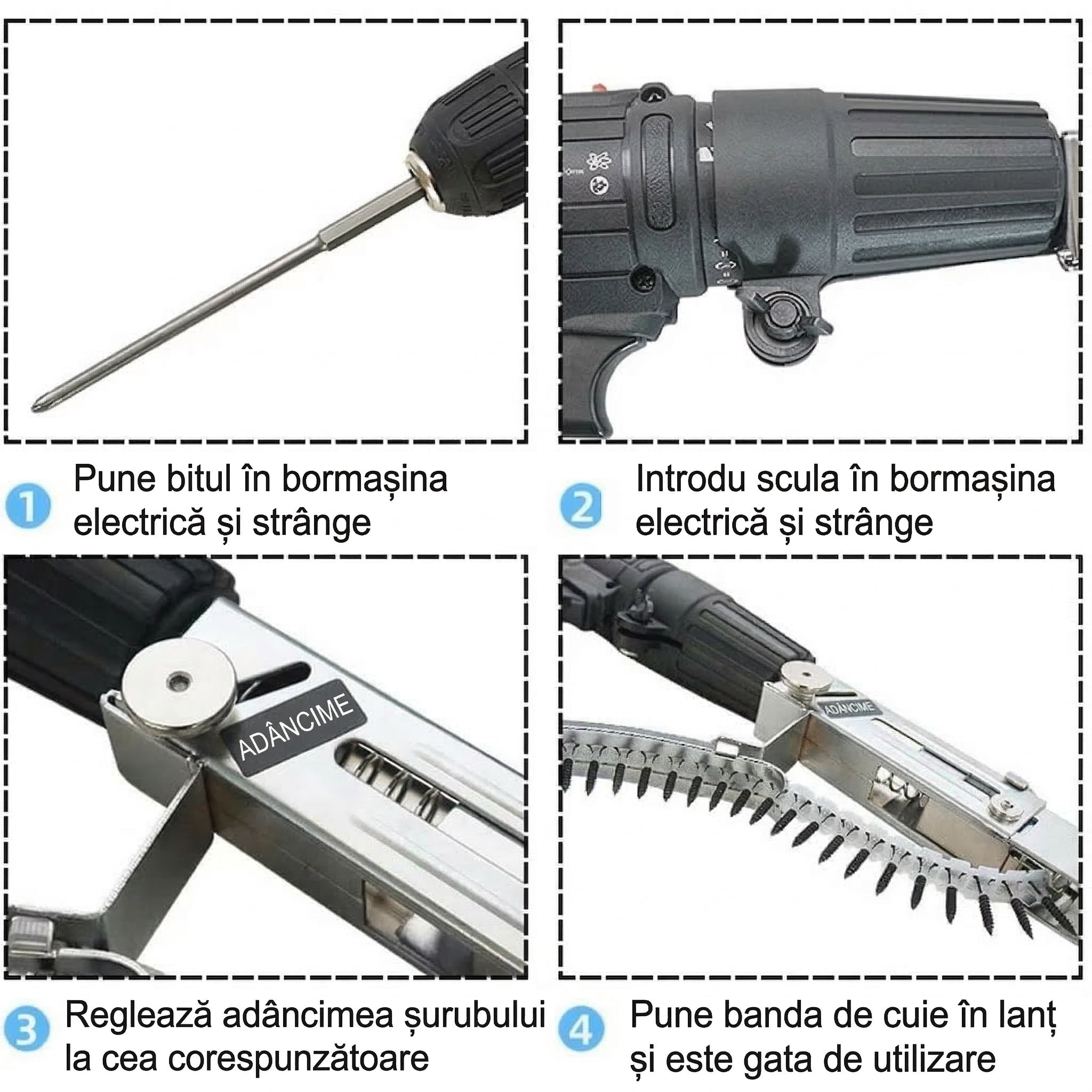 Adaptor Automat de Înșurubat Tip Bandă pentru Bormașină, Alimentare Continuă cu Șuruburi, Aliaj Aluminiu + 50 Negrese Glorio