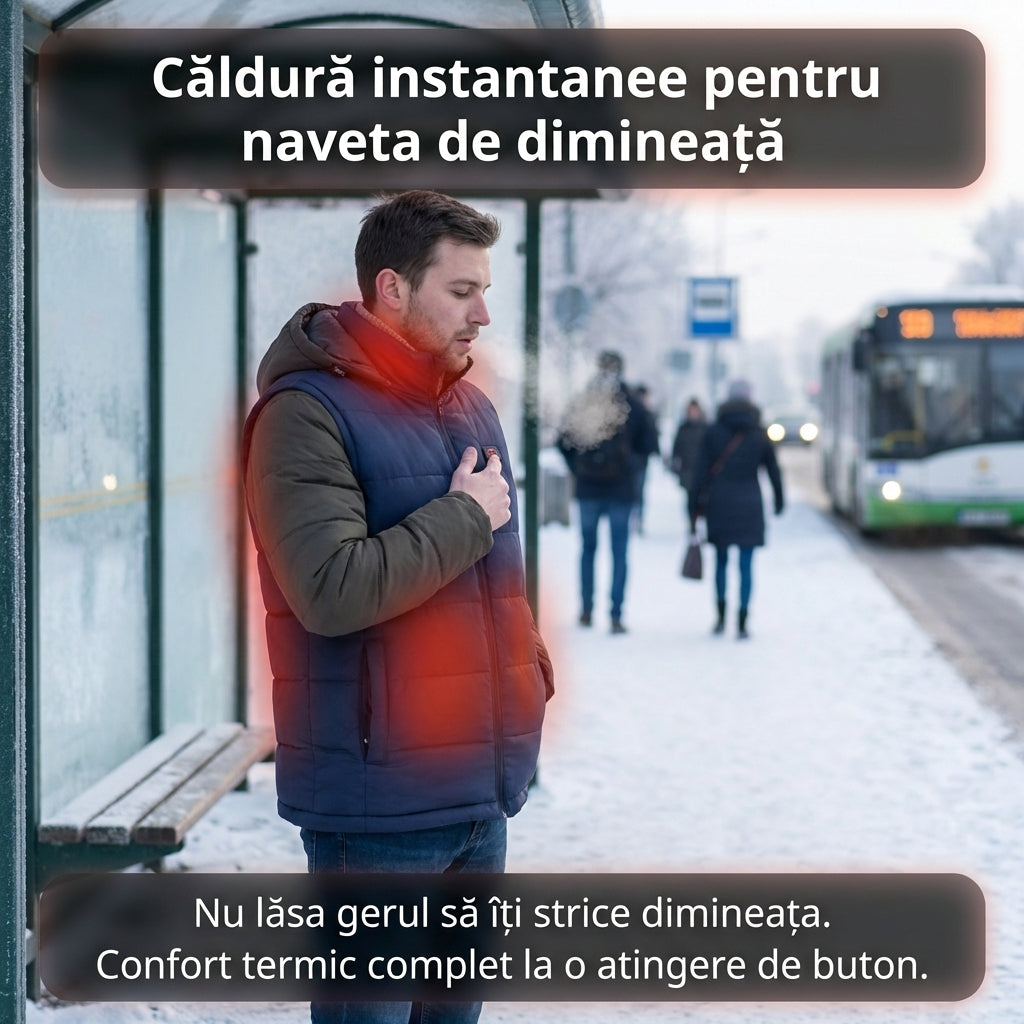 Vesta Incalzita, Unisex, 9 Zone de Incalzire, Umplutura Bumbac, 3 Trepte de Temperatura, Incarcare USB, Negru, 65 – 80 kg, Glorio