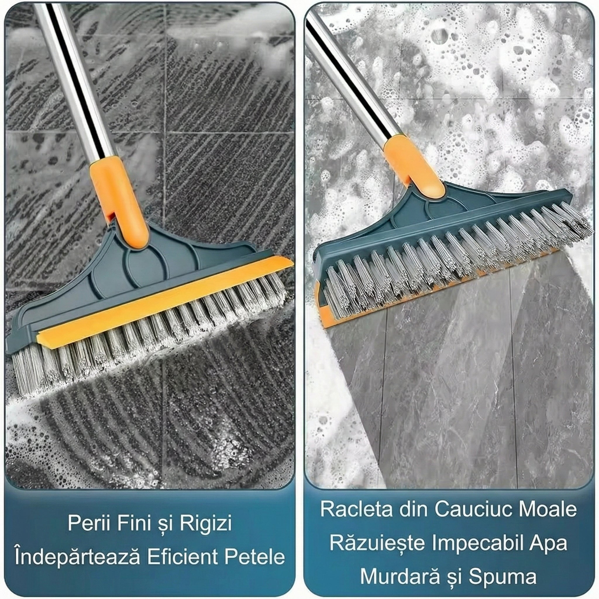 Perie de Curățare 2 în 1 pentru Podele și Rosturi, Mâner Lung din Oțel Inoxidabil, Cap Rotativ 120°, Racletă Integrată, Design în V Glorio