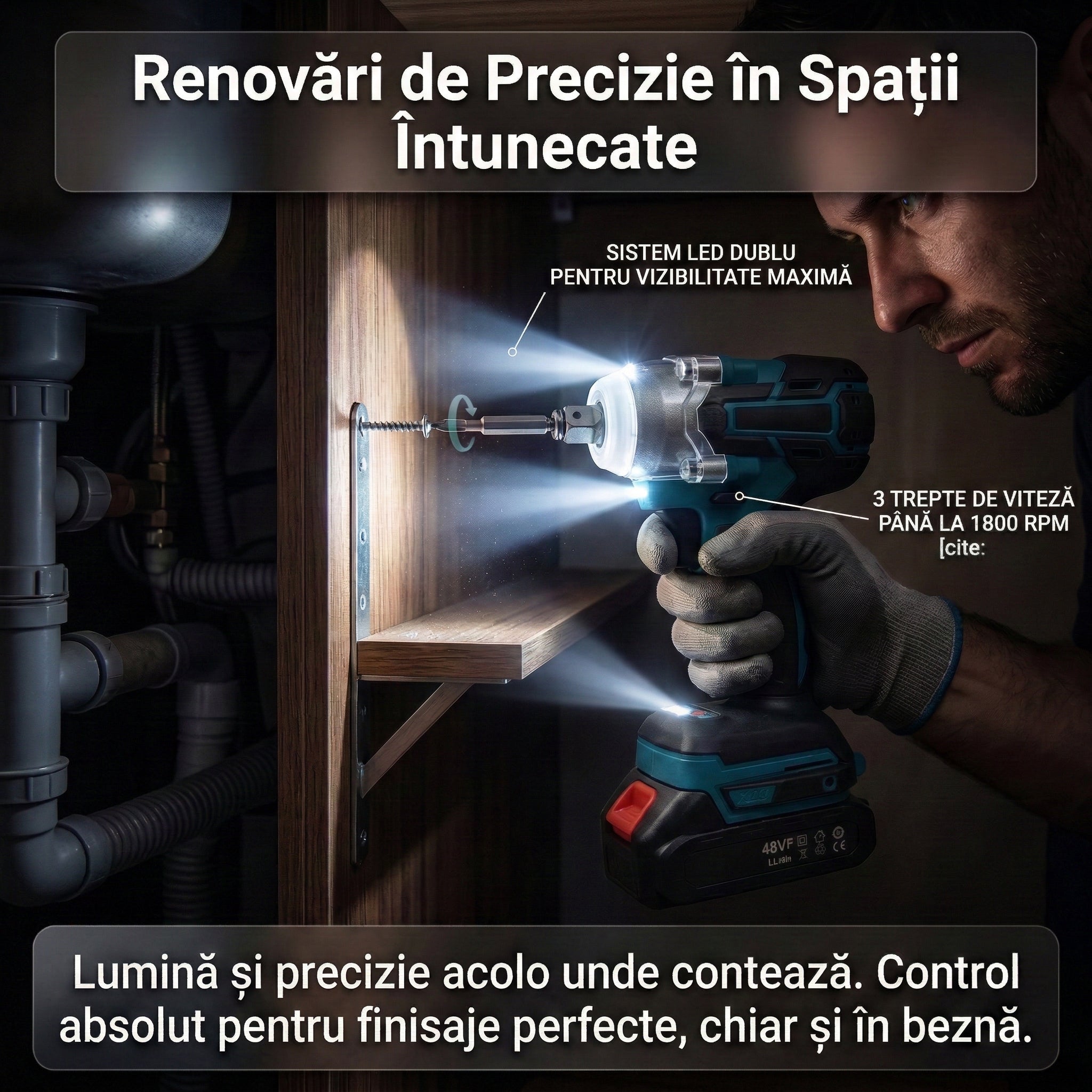 Trusă Mașină de Impact și Înșurubat 550Nm, 30 Accesorii Incluse, 2 Acumulatori 48V 5Ah Li-Ion, Motor Brushless, Valiză Transport Glorio
