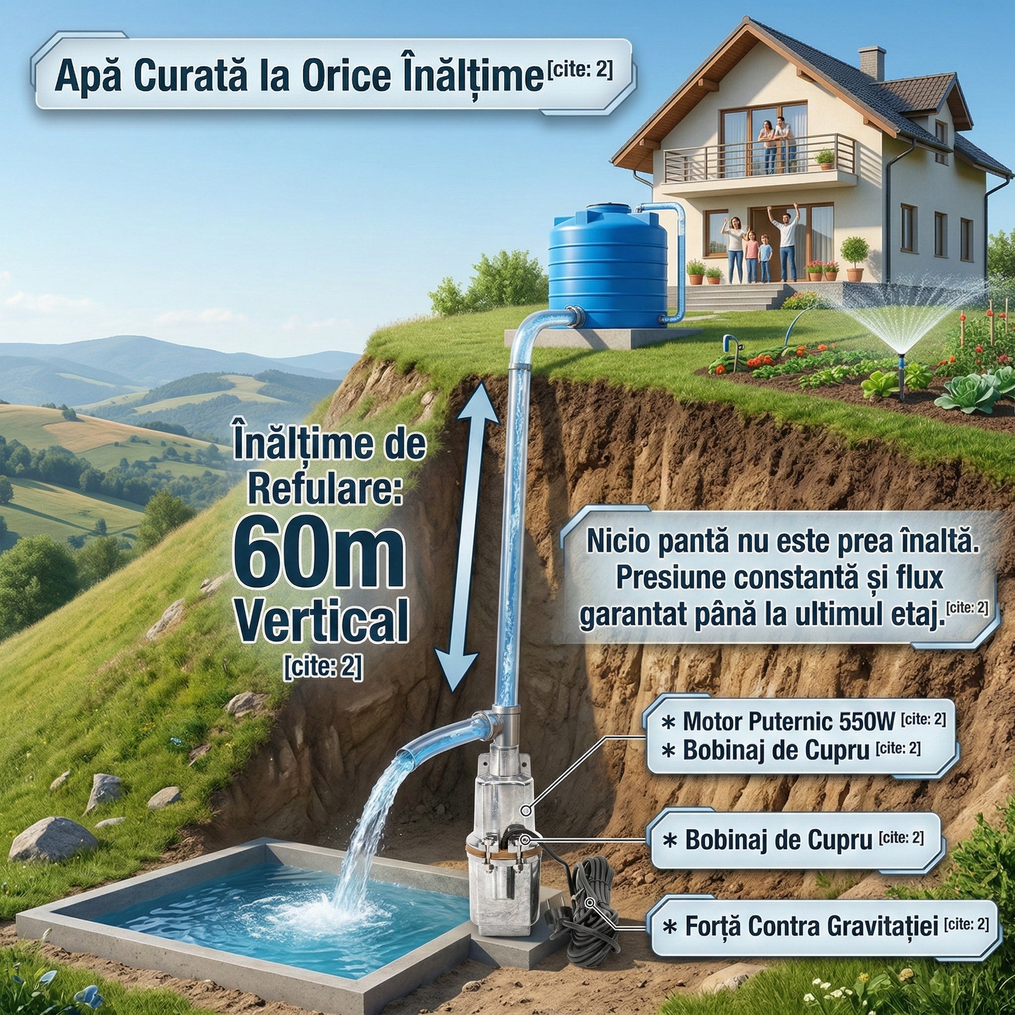 Pompă de Apă Submersibilă cu Vibrație VMP60 , 1000W, Debit 2400 l/h, Înălțime 60m, Bobinaj Cupru, Argintiu Glorio