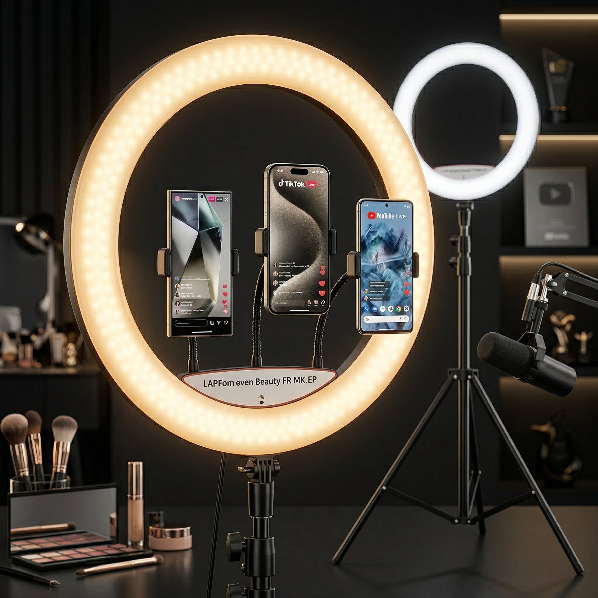 Ring Light LED Profesional 56 cm (22 inch), 100W, Trepied 2m, Telecomandă și 3 Suporturi Telefon, Negru Glorio