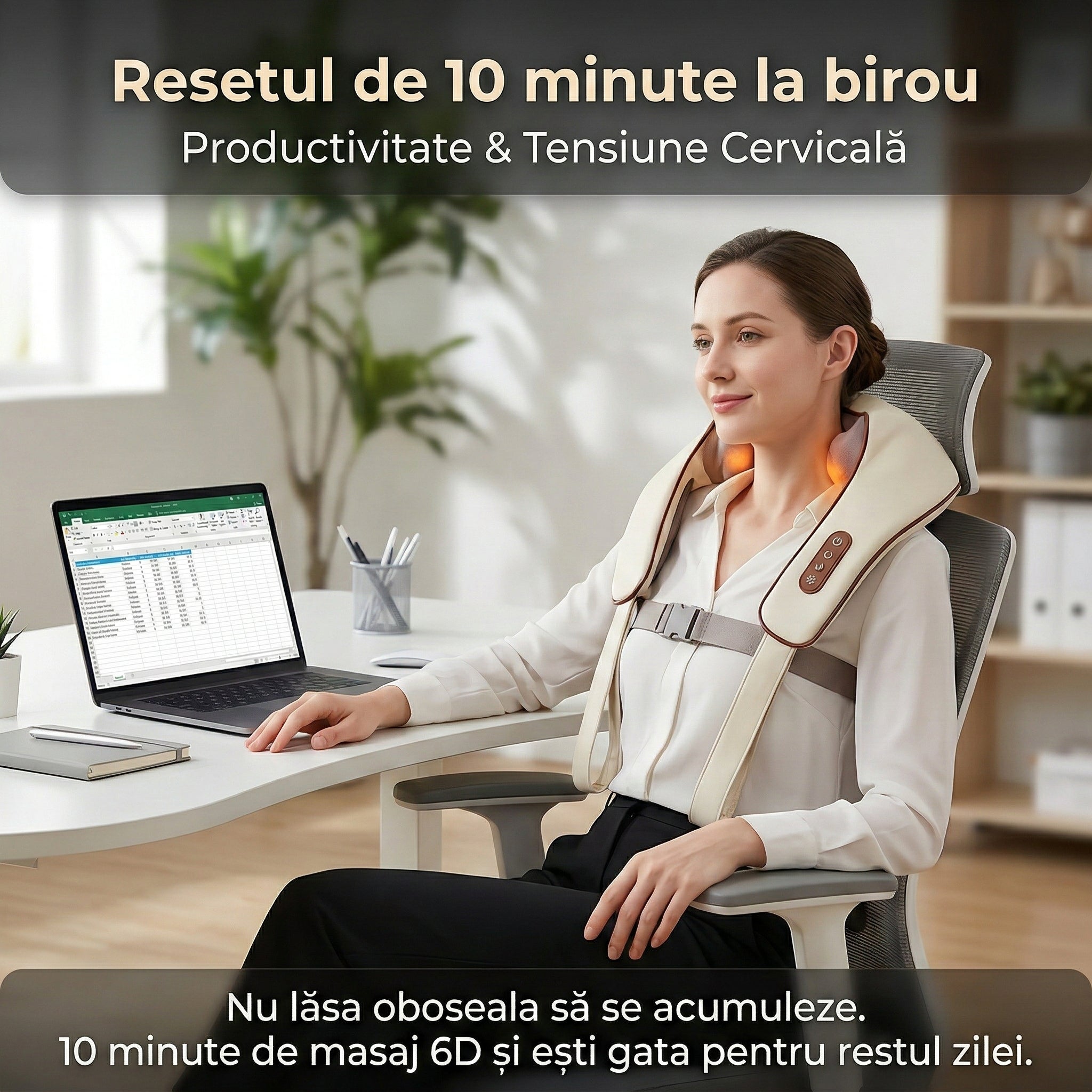 Aparat de Masaj Cervical 6D Profesional, Încălzire Constantă, 6 Capete Silicon, 3 Intensități, Silentios 45dB, Wireless Glorio