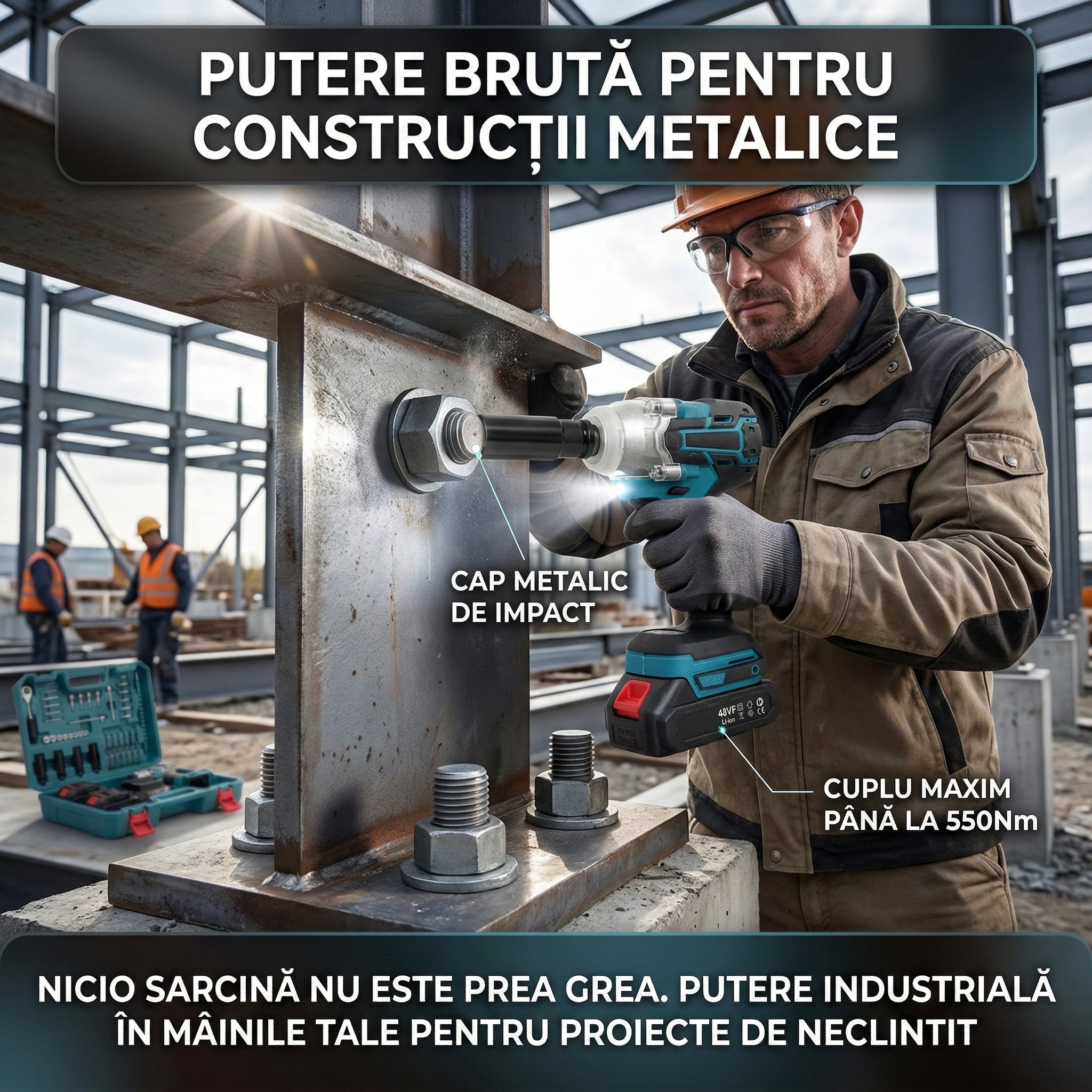 Trusă Mașină de Impact și Înșurubat 550Nm, 30 Accesorii Incluse, 2 Acumulatori 48V 5Ah Li-Ion, Motor Brushless, Valiză Transport Glorio