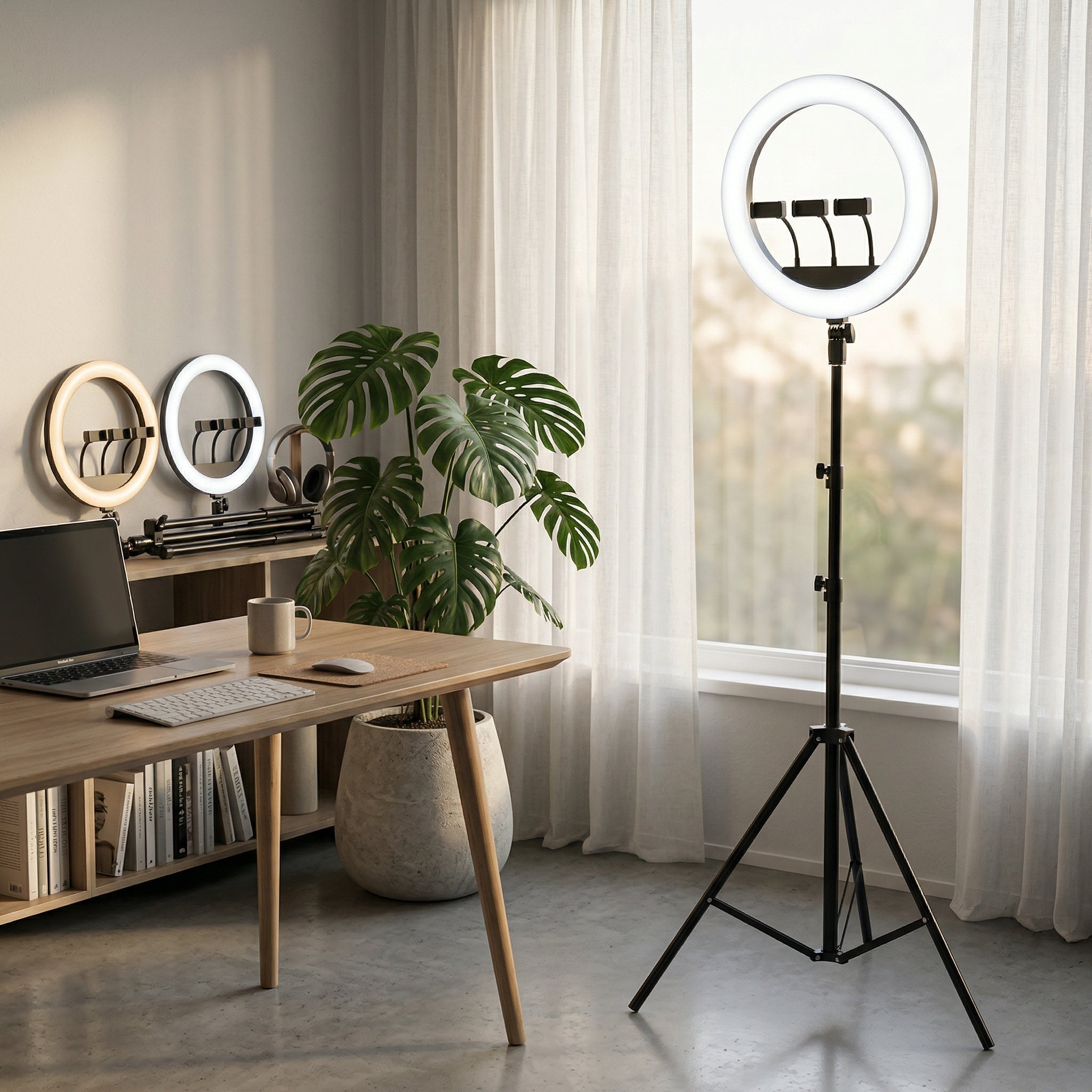 Ring Light LED Profesional 56 cm (22 inch), 100W, Trepied 2m, Telecomandă și 3 Suporturi Telefon, Negru Glorio