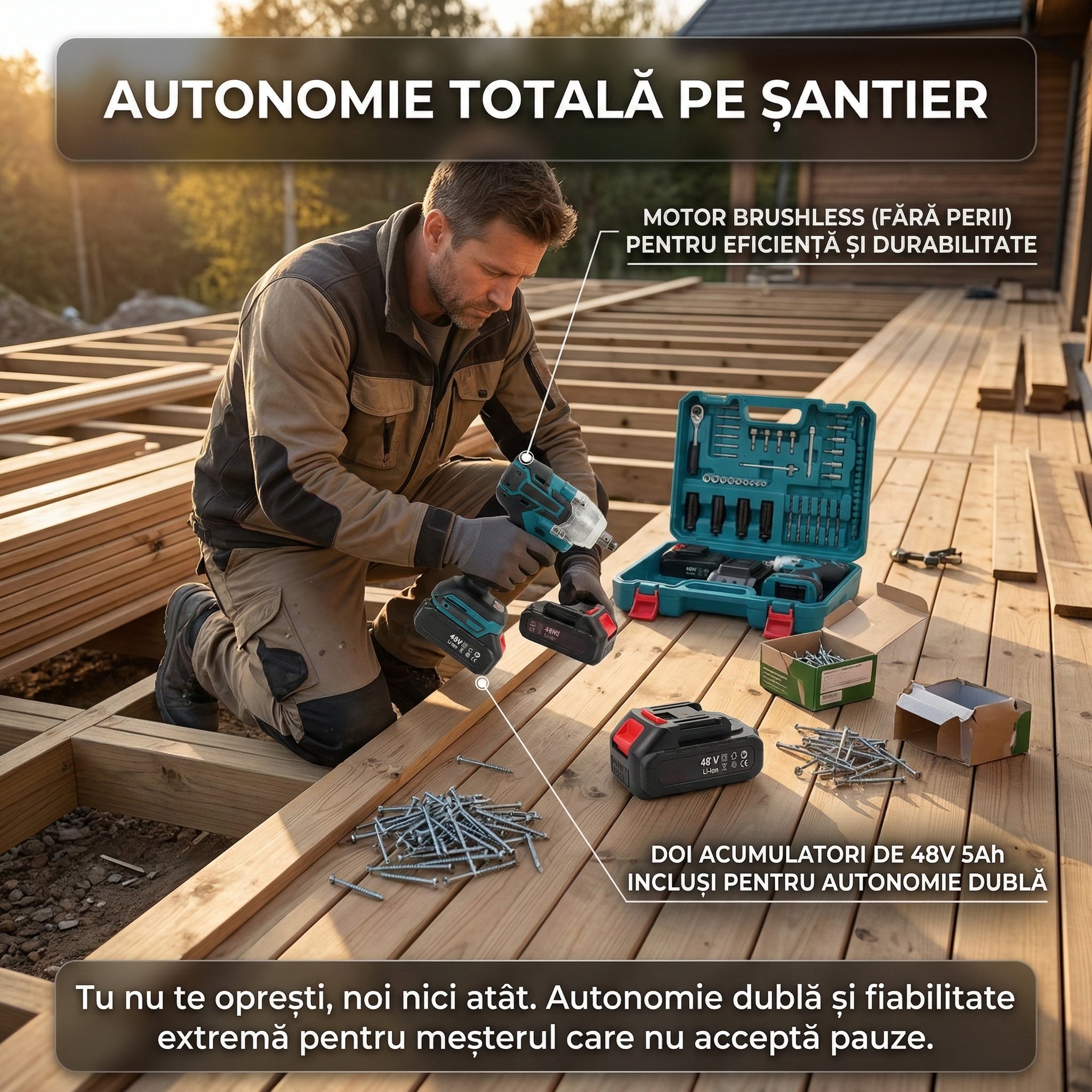 Trusă Mașină de Impact și Înșurubat 550Nm, 30 Accesorii Incluse, 2 Acumulatori 48V 5Ah Li-Ion, Motor Brushless, Valiză Transport Glorio