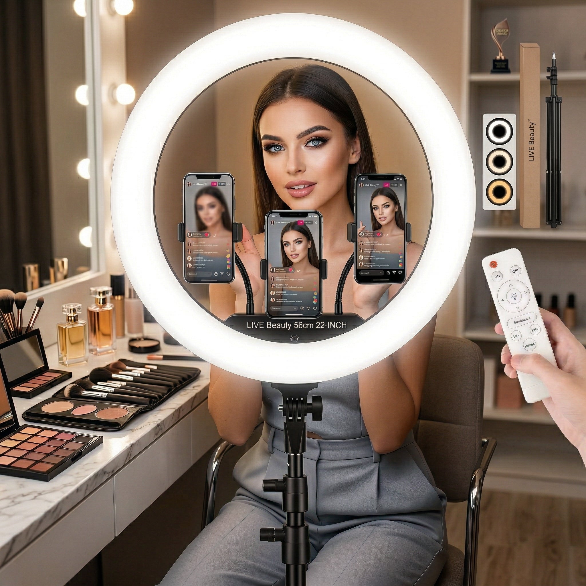 Ring Light LED Profesional 56 cm (22 inch), 100W, Trepied 2m, Telecomandă și 3 Suporturi Telefon, Negru Glorio