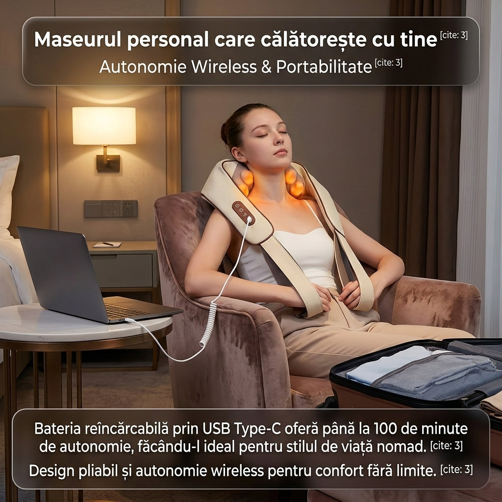 Aparat de Masaj Cervical 6D Profesional, Încălzire Constantă, 6 Capete Silicon, 3 Intensități, Silentios 45dB, Wireless Glorio
