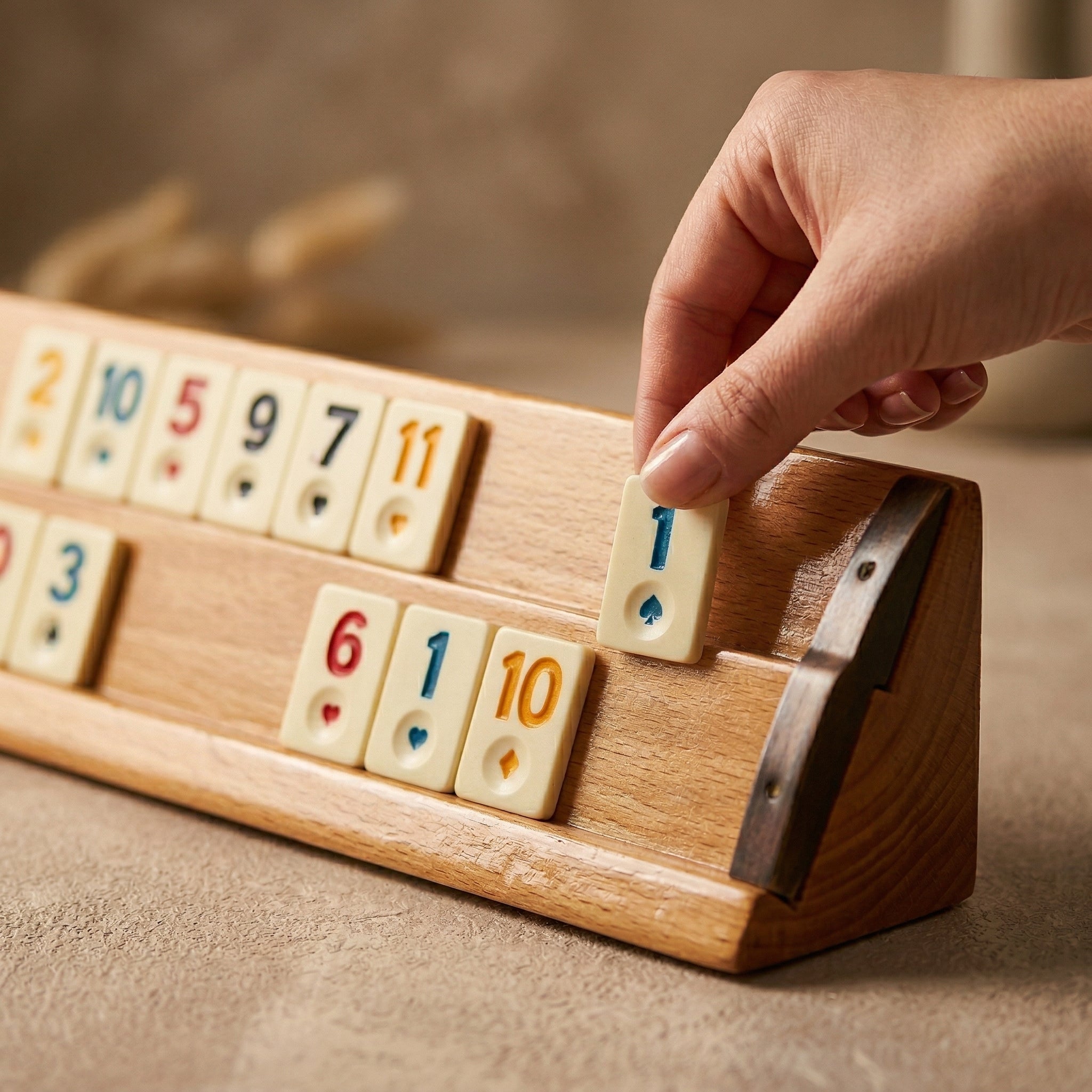 Joc Remi Rummy Kervan din Lemn Masiv, 104 Piese din Praf de Piatră, 4 Table de Joc Lăcuite, Premium Glorio