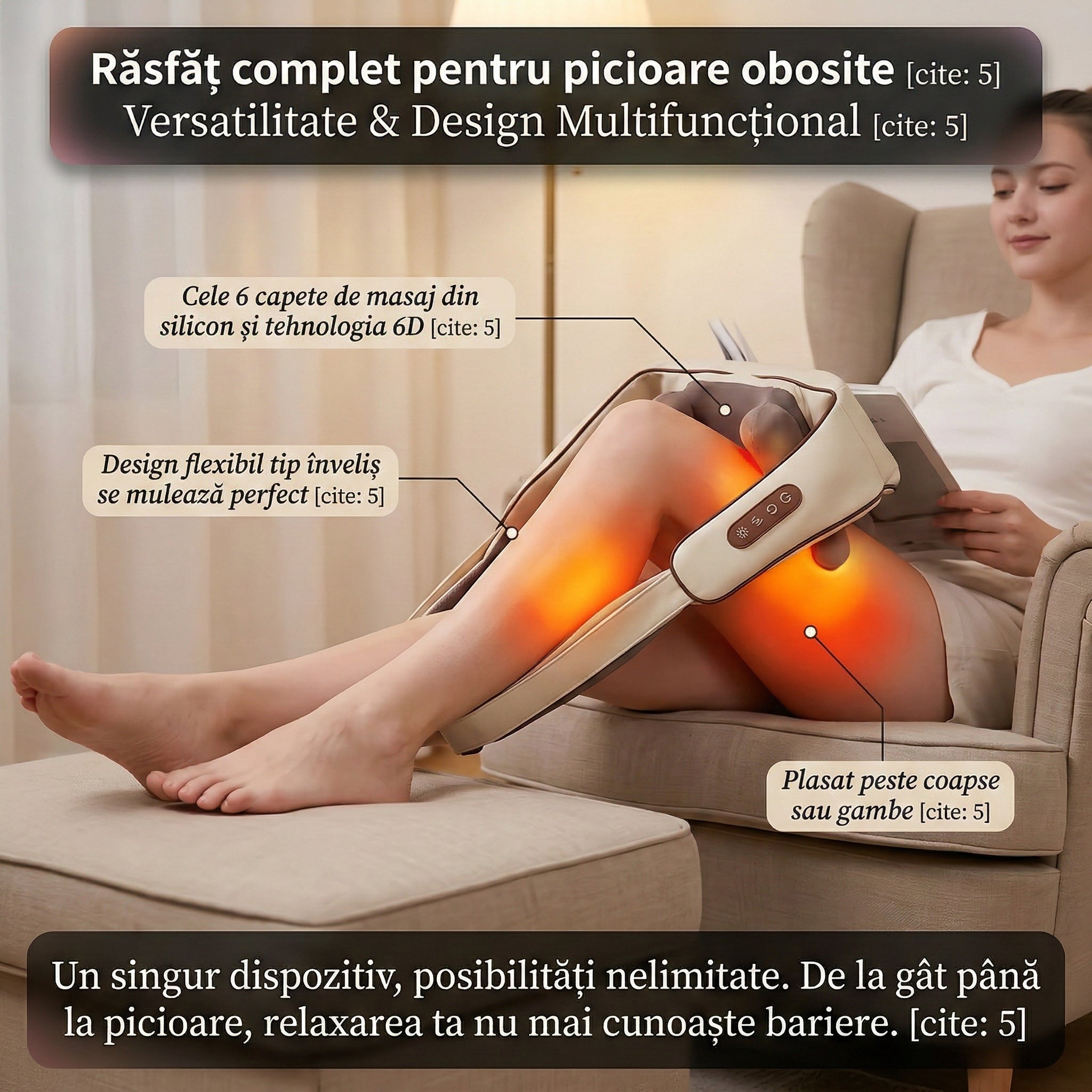 Aparat de Masaj Cervical 6D Profesional, Încălzire Constantă, 6 Capete Silicon, 3 Intensități, Silentios 45dB, Wireless Glorio