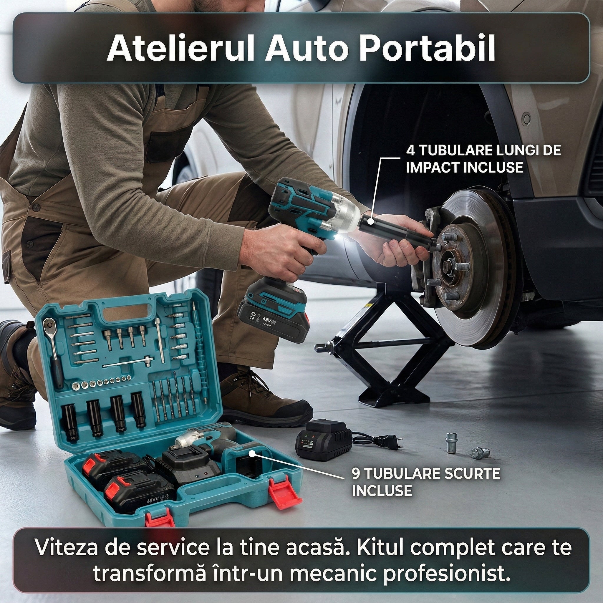 Trusă Mașină de Impact și Înșurubat 550Nm, 30 Accesorii Incluse, 2 Acumulatori 48V 5Ah Li-Ion, Motor Brushless, Valiză Transport Glorio