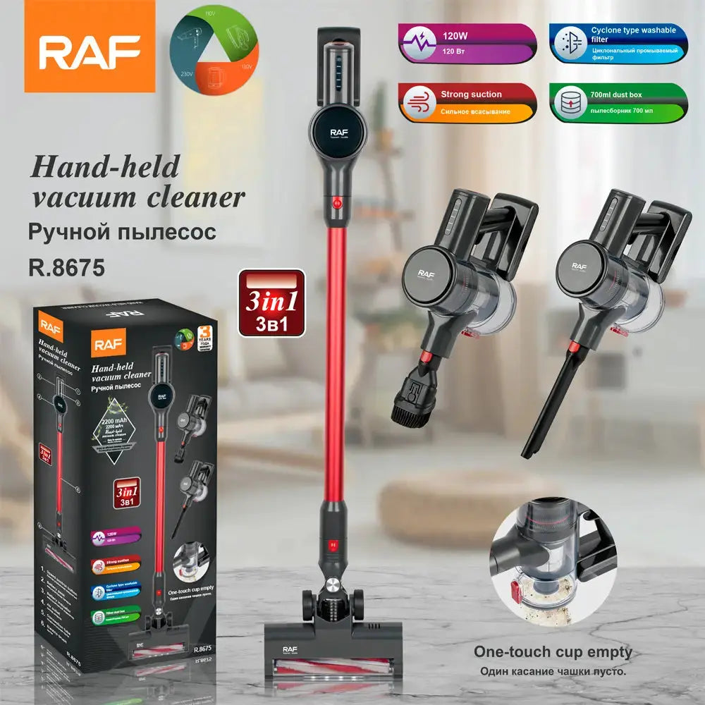 Aspirator Vertical de Mână RAF R.8675 - 120W, WIRELESS, cu Acumulator, 2200 mAh, 4 Accesorii, Filtru HEPA Glorio