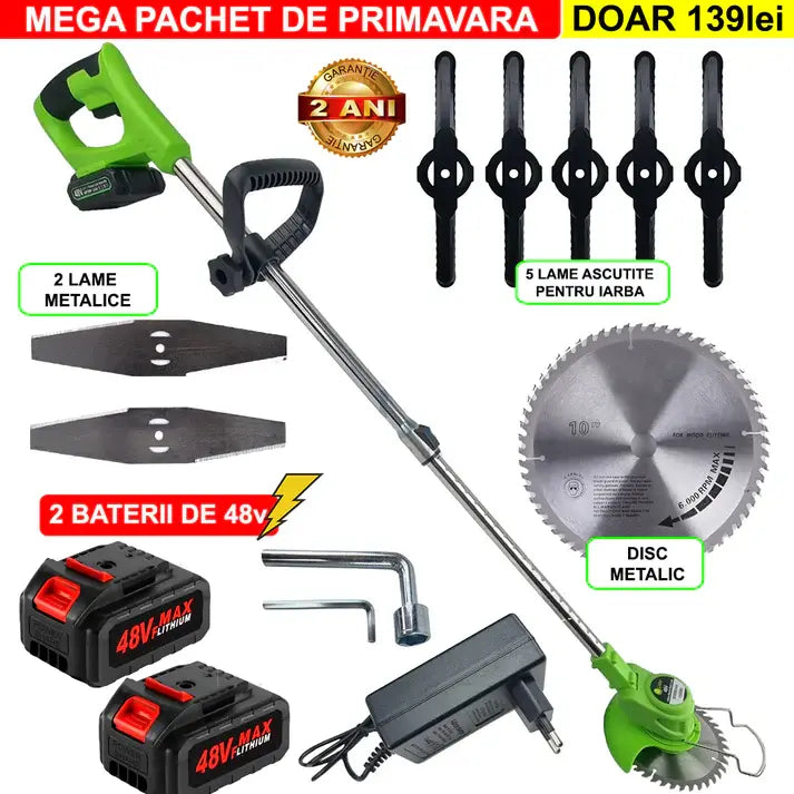 Motocoasa Gospodarul Cu 2 BATERII de 48V, Putere 800W, Cu Brat Extensibil, Pentru Gazon, 8 Lame Diferite Glorio.ro