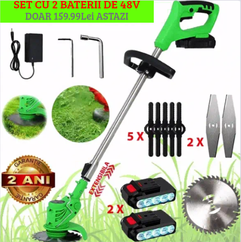 Motocoasă Gospodarul Eficient® Cu 2 BATERII de 48V, Putere 800W, Cu Braț Extensibil, Pentru Gazon, 8 Lame Diferite