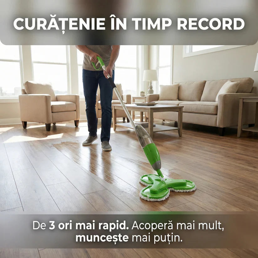 Mop Triplu cu Pulverizator și 3 Capete Rotative, Rezervor 600ml, 3 Lavete Microfibră Incluse Glorio